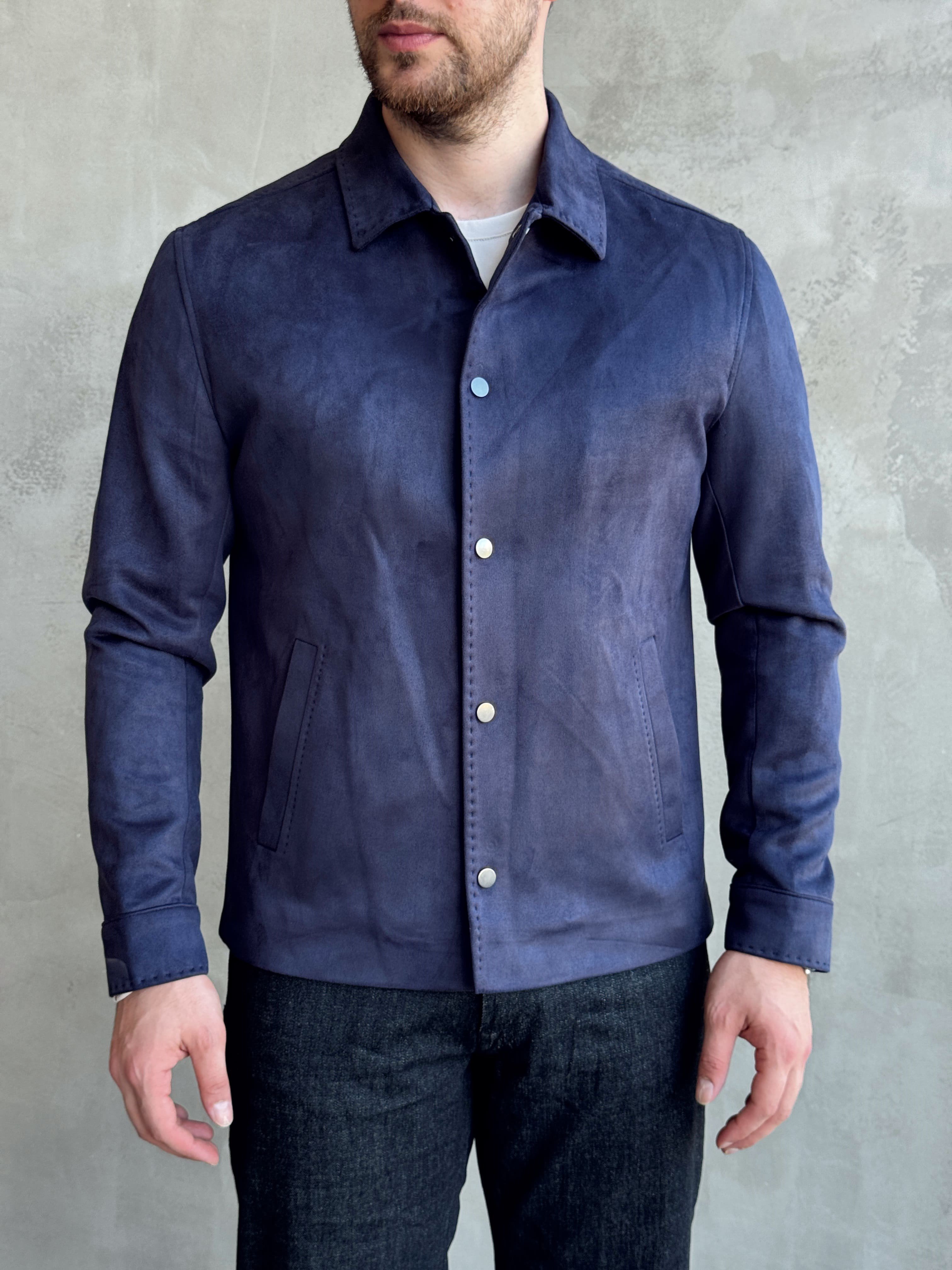 Erkek Business Collection Regular Fit Vintage Düğme Detaylı Süet Deri Ceket-Lacivert(E1815)