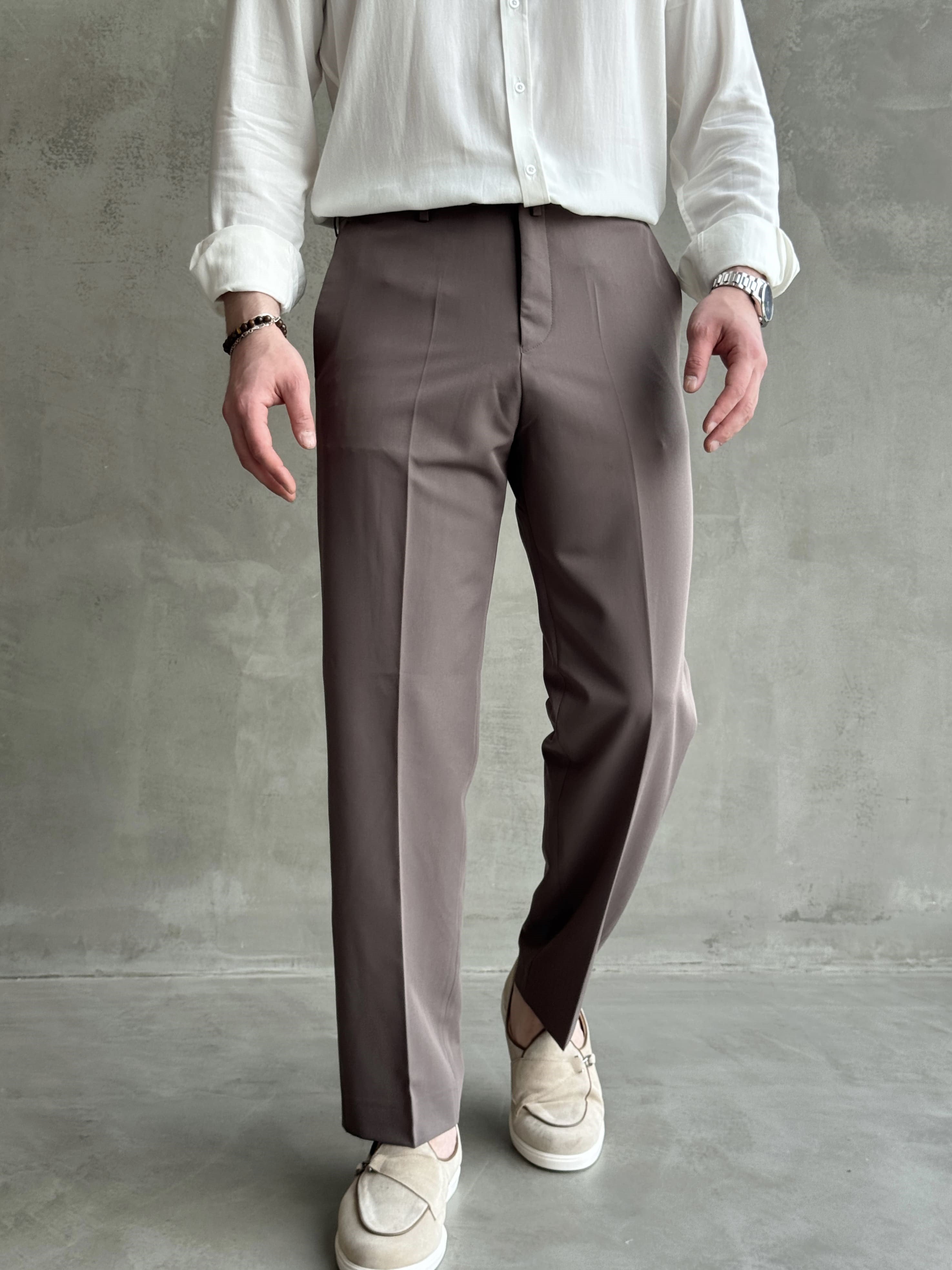 Erkek Business Collection Regular Kalıp Çift Düğme Detaylı Kombinlenebilir Kumaş Pantolon-Vizon(E1698)Ketench