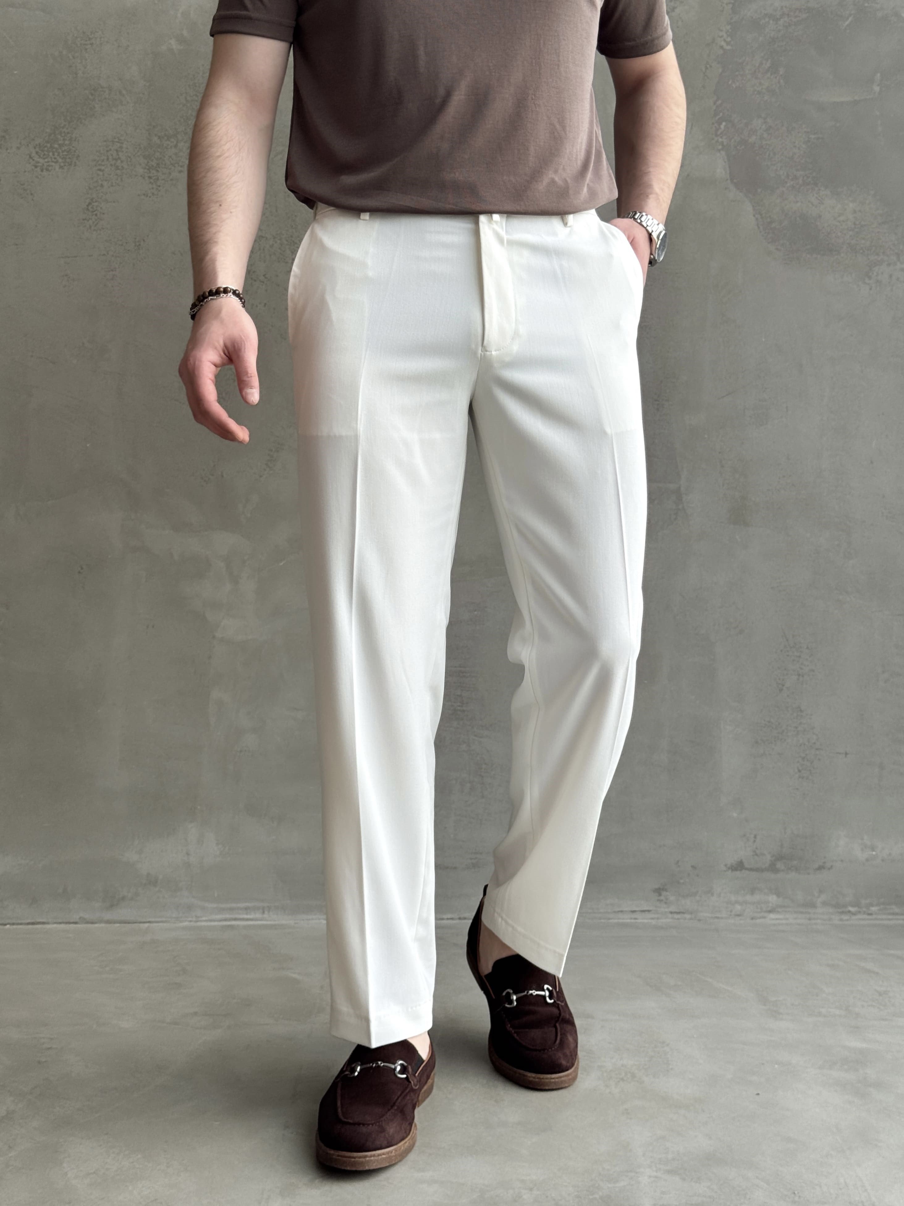Erkek Business Collection Regular Kalıp Çift Düğme Detaylı Kombinlenebilir Kumaş Pantolon-Beyaz(E1698)Ketench