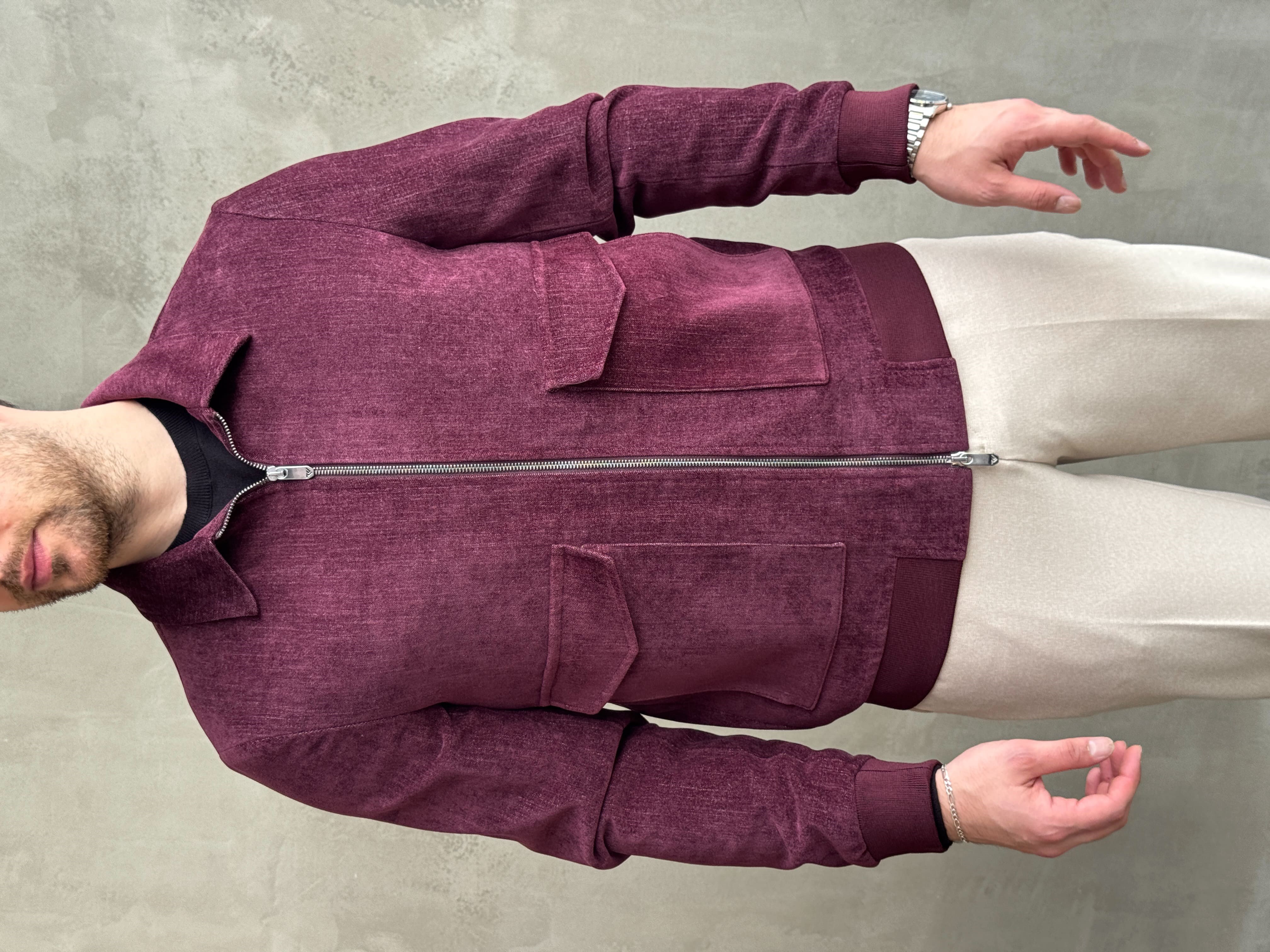 Erkek Business Collection Regular Kalıp Yumuşak Dokulu Cep Detaylı Şönil Örme Kumaş Ceket-Bordo(E1854)