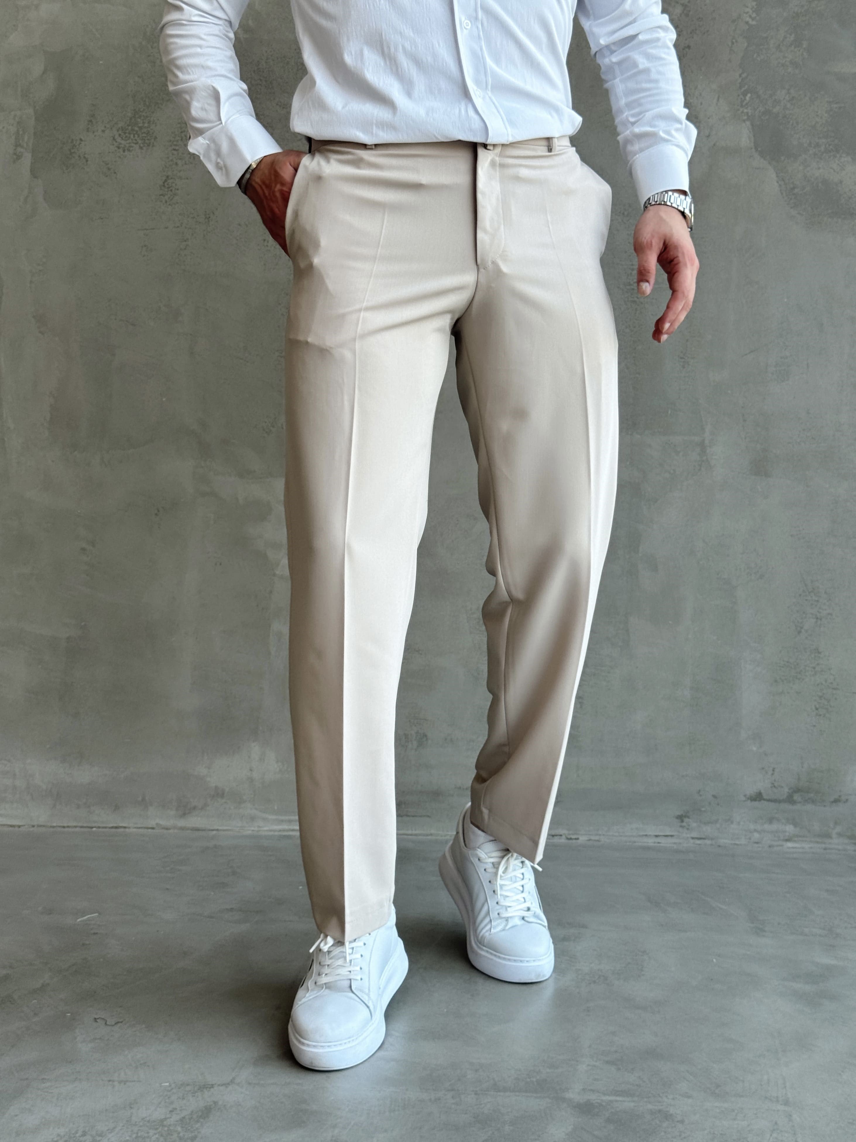 Erkek Business Collection Regular Kalıp Çift Düğme Detaylı Kombinlenebilir Kumaş Pantolon-Krem(E1698)Ketench
