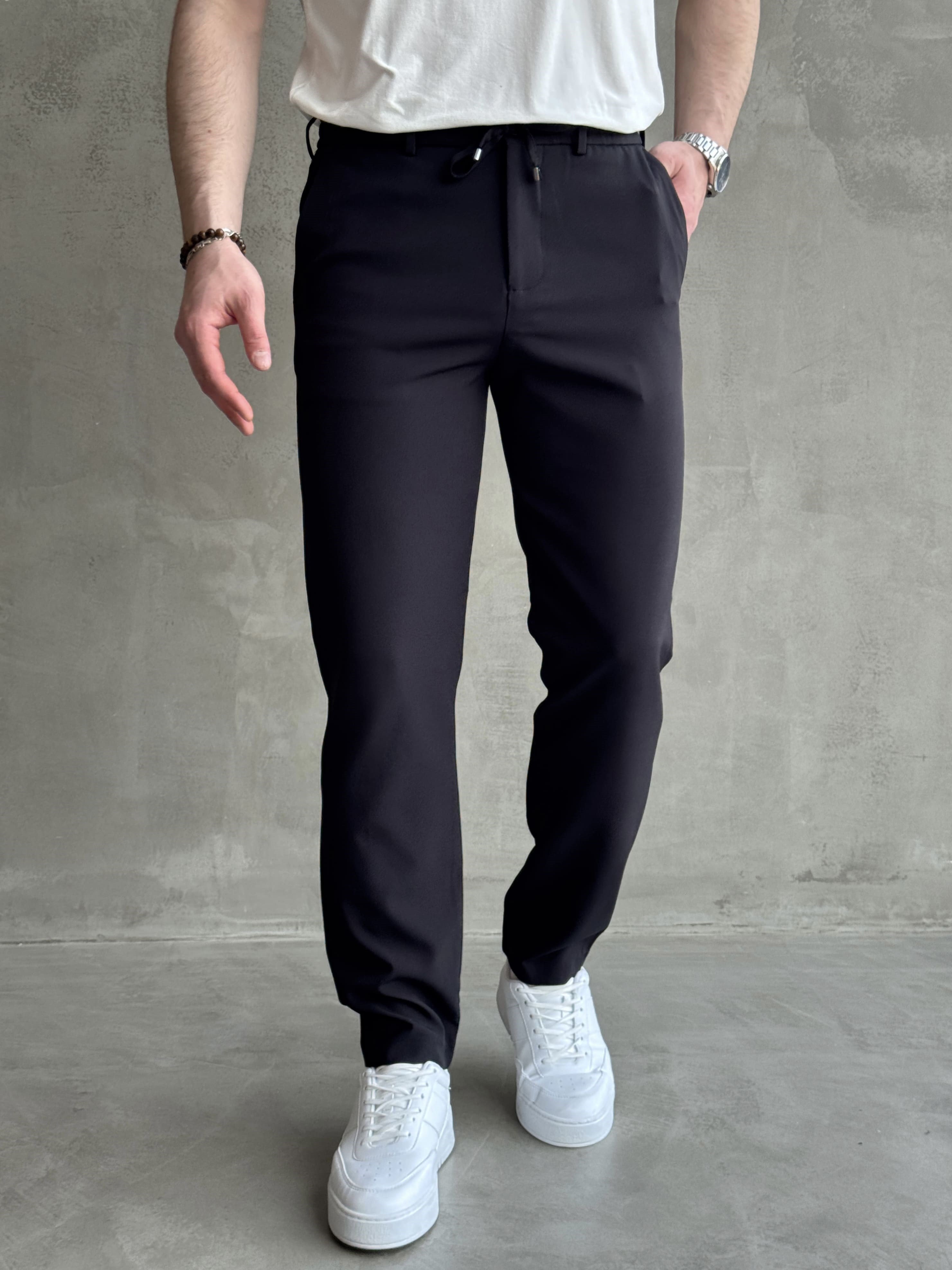 Erkek Business Collection Regular Kalıp Beli Lastikli Bağcıklı Ofis Boy Kumaş Pantolon-Siyah(E1699)Ketench