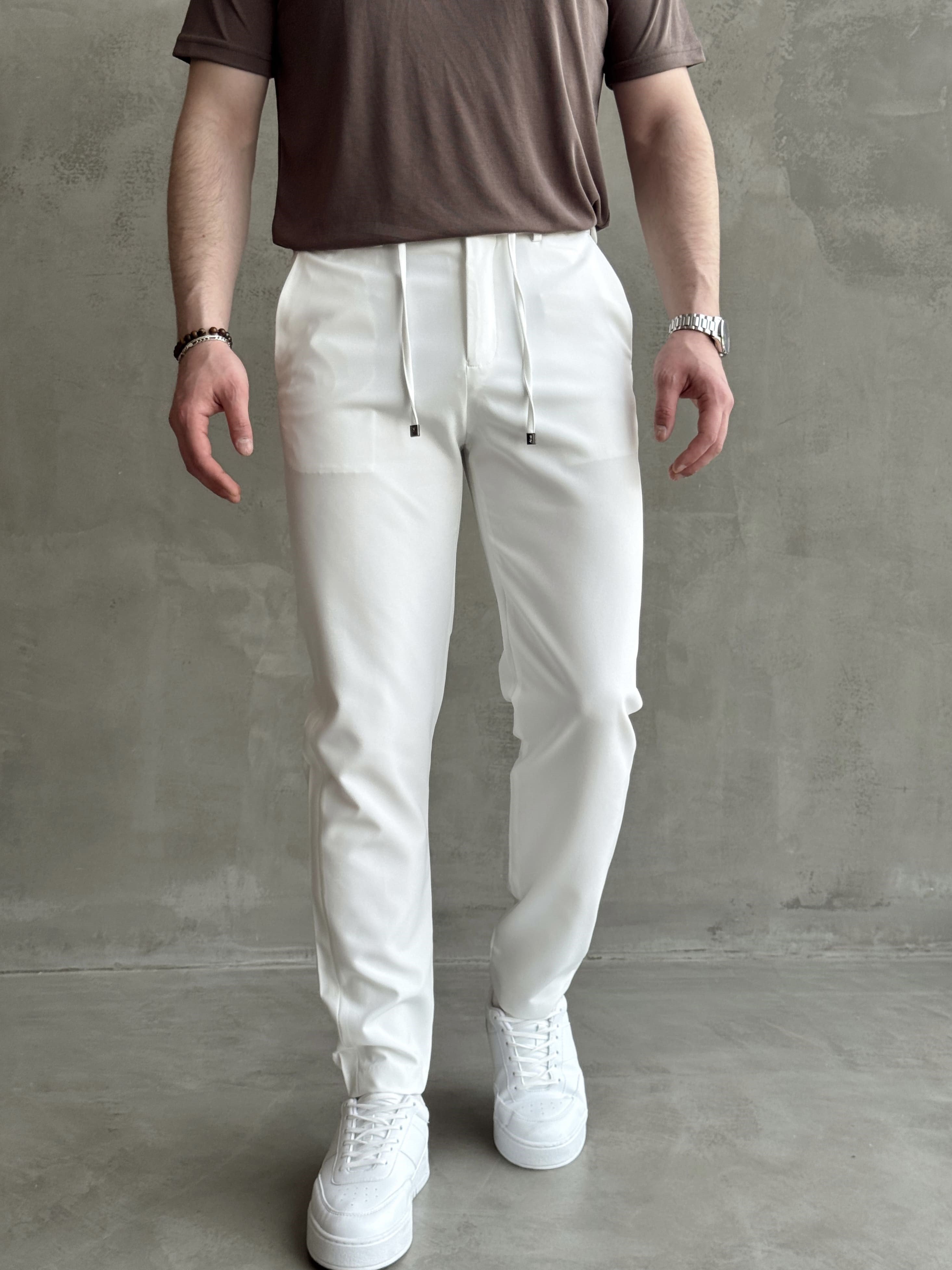 Erkek Business Collection Regular Kalıp Beli Lastikli Bağcıklı Ofis Boy Kumaş Pantolon-Beyaz(E1699)Ketench