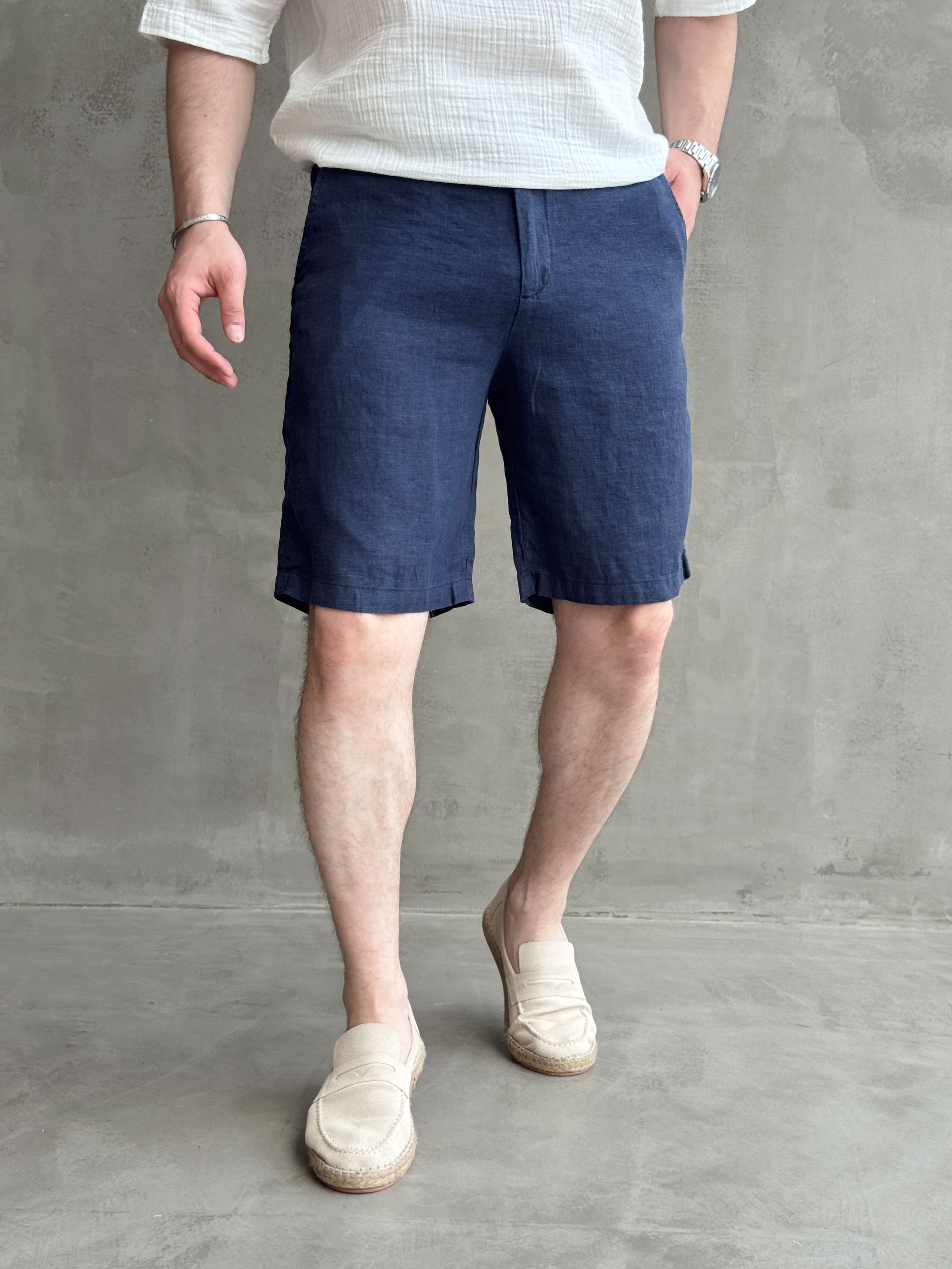 Erkek Bussines Colection Loose Fit İp Detaylı Beli Lastikli %100 Keten Şort-Lacivert(E1766)Ketench