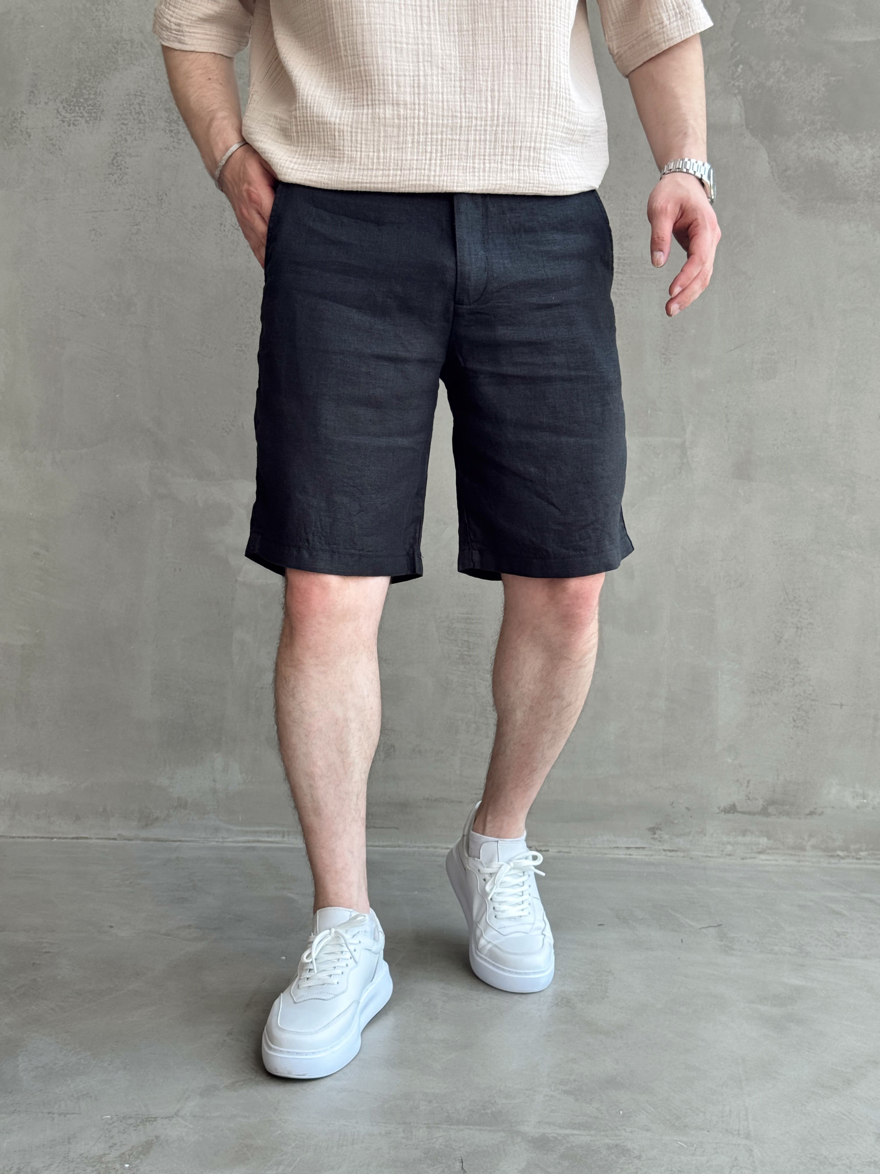 Erkek Bussines Colection Loose Fit İp Detaylı Beli Lastikli %100 Keten Şort-Siyah(E1766)Ketench