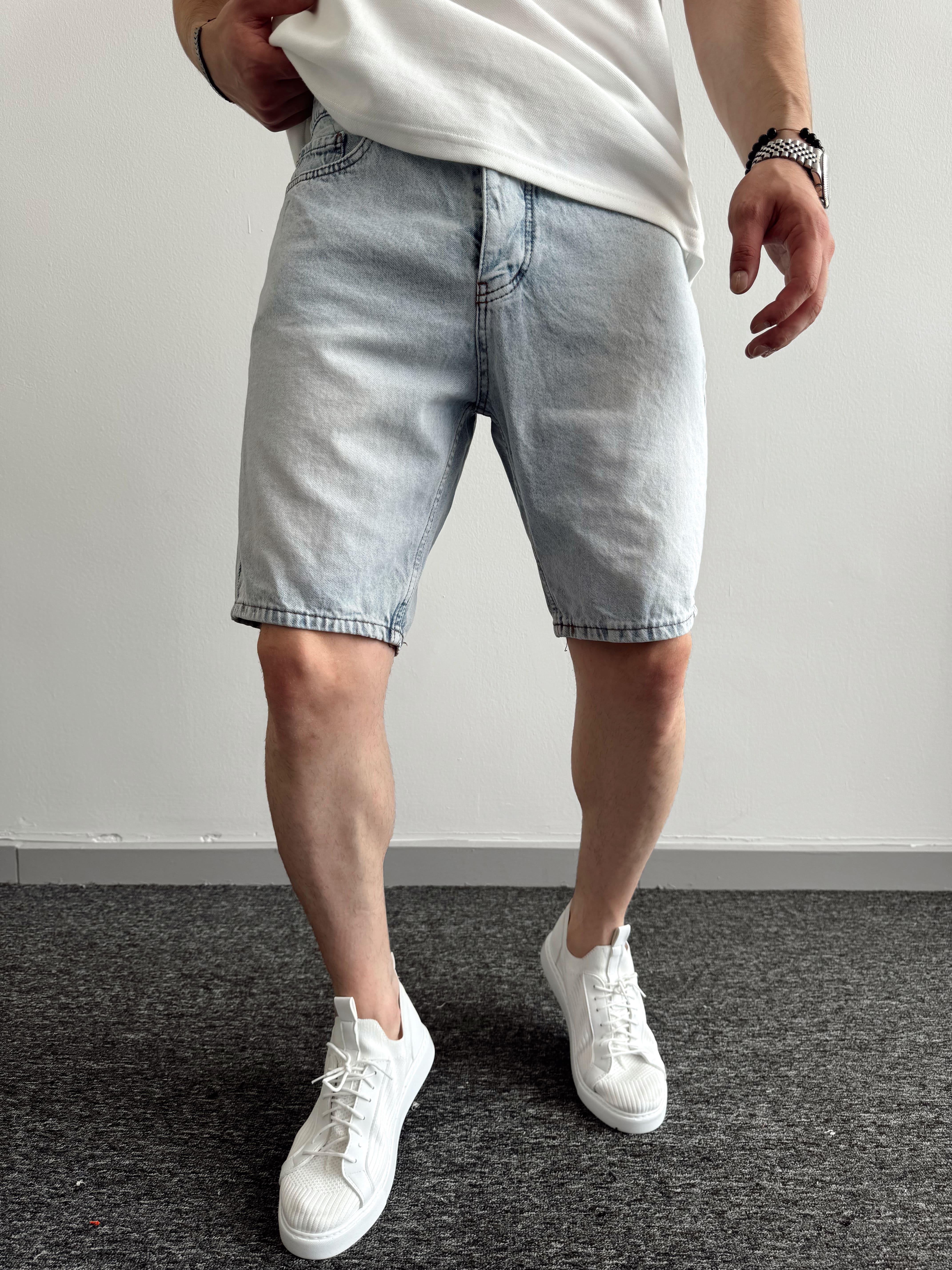 Erkek Düğmeli Oversize Kot Şort-Kar Yıkama(E1091)
