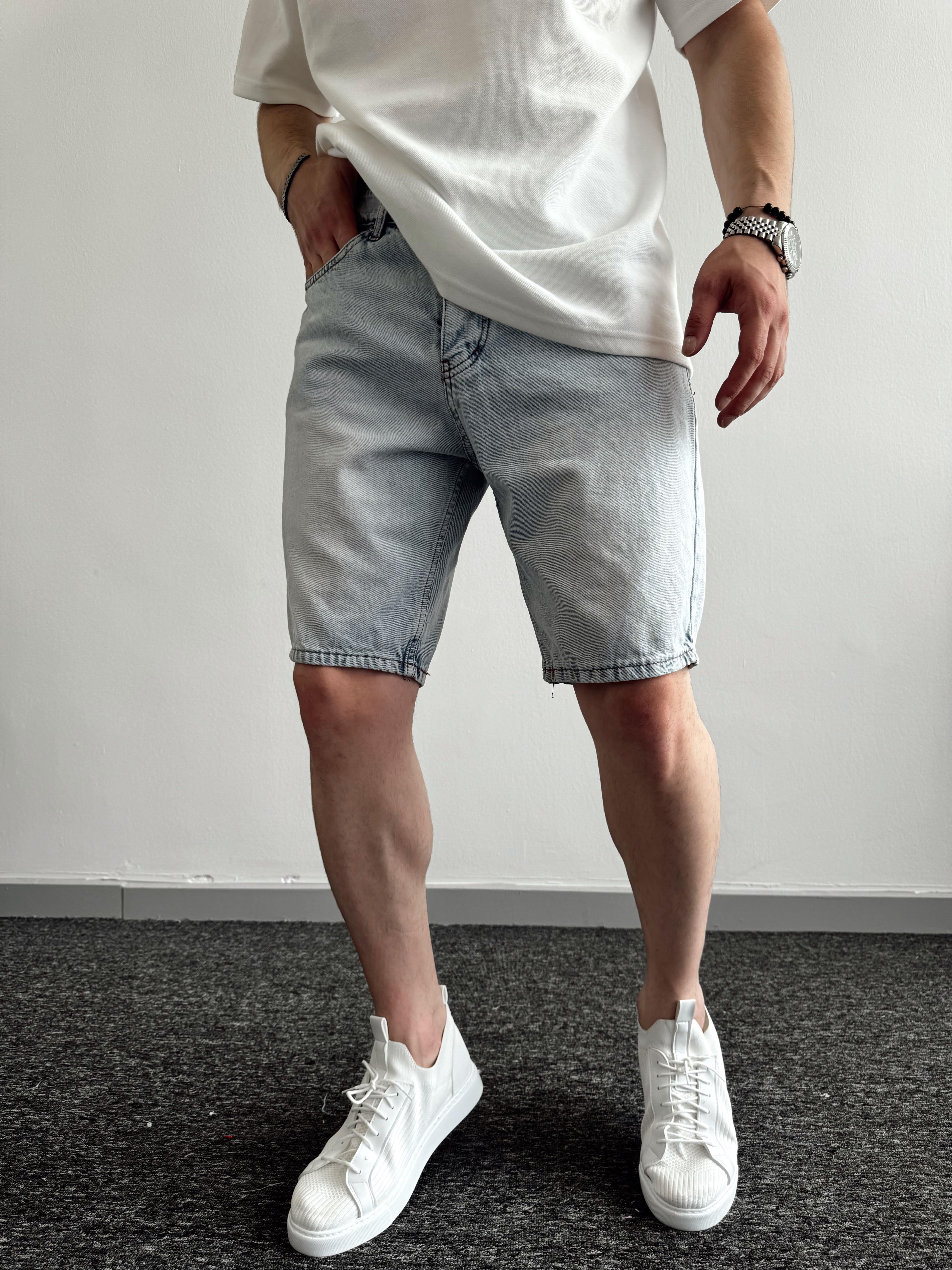 Erkek Düğmeli Oversize Kot Şort-Kar Yıkama(E1091)