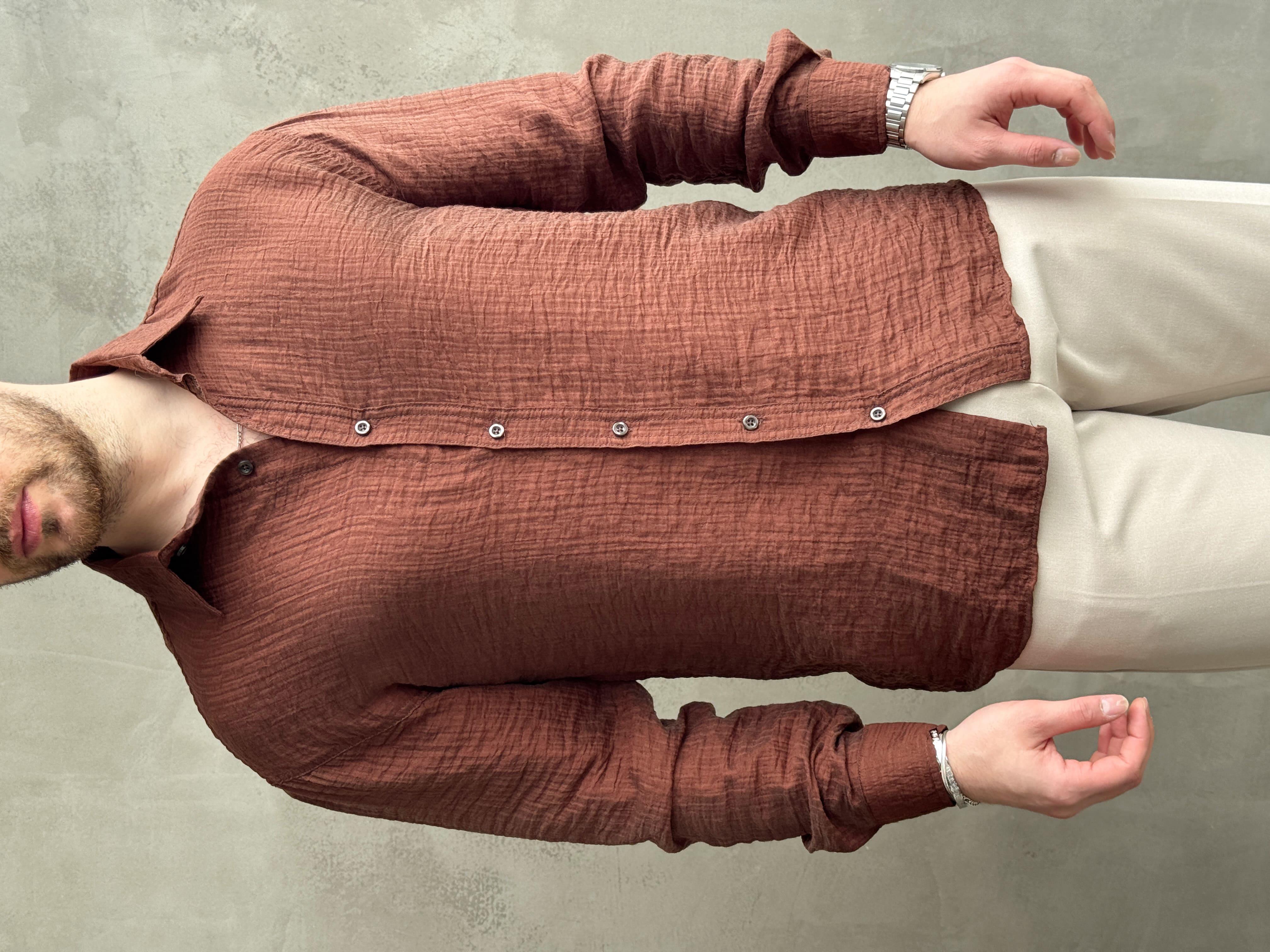 Erkek Efsane Stil Oversize Kalıp Ferahlatıcı Terletmeyen Kumaş Gömlek-Kahverengi(E1637)