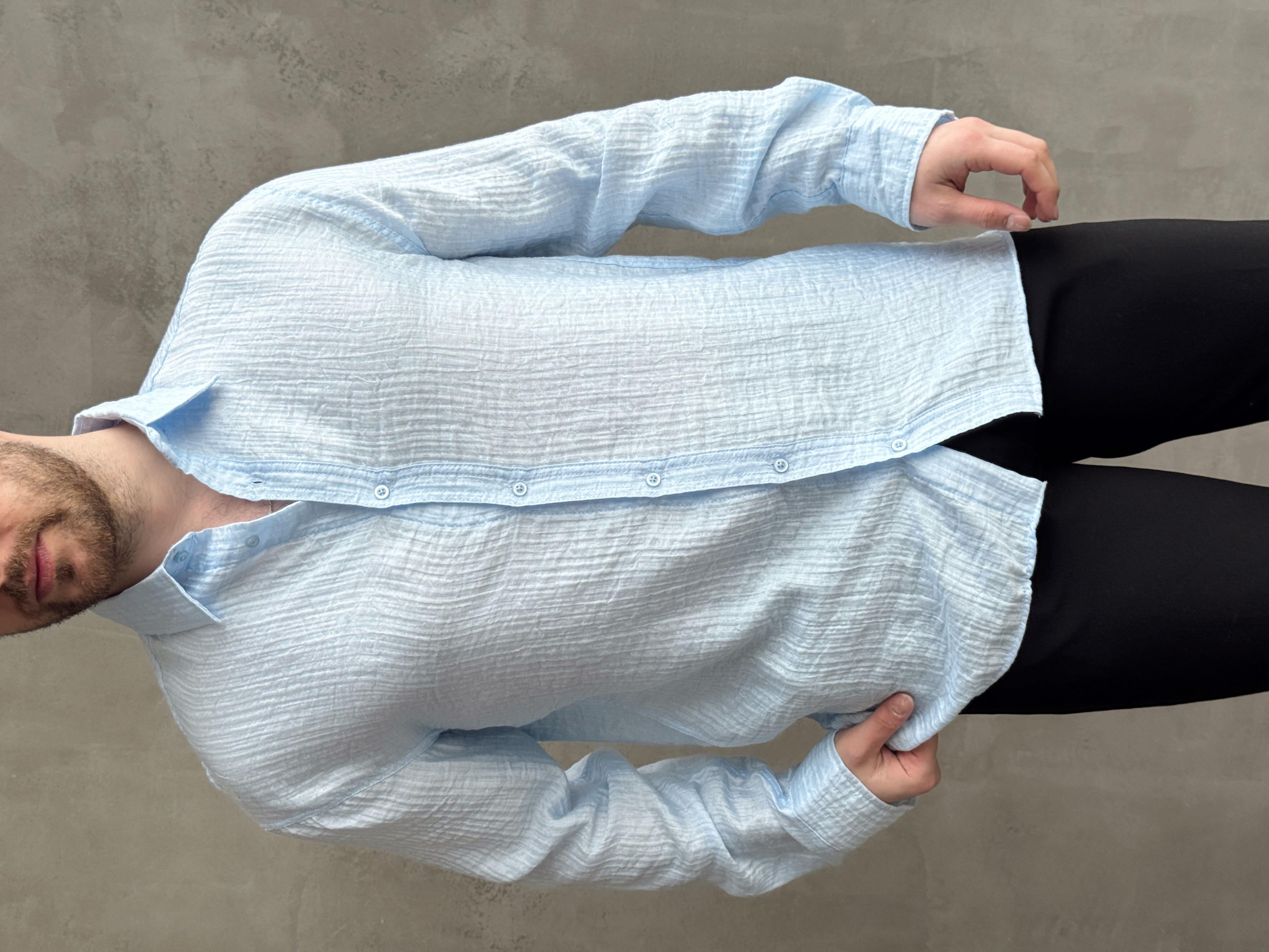 Erkek Efsane Stil Oversize Kalıp Ferahlatıcı Terletmeyen Kumaş Gömlek-Bebe Mavi(E1637)