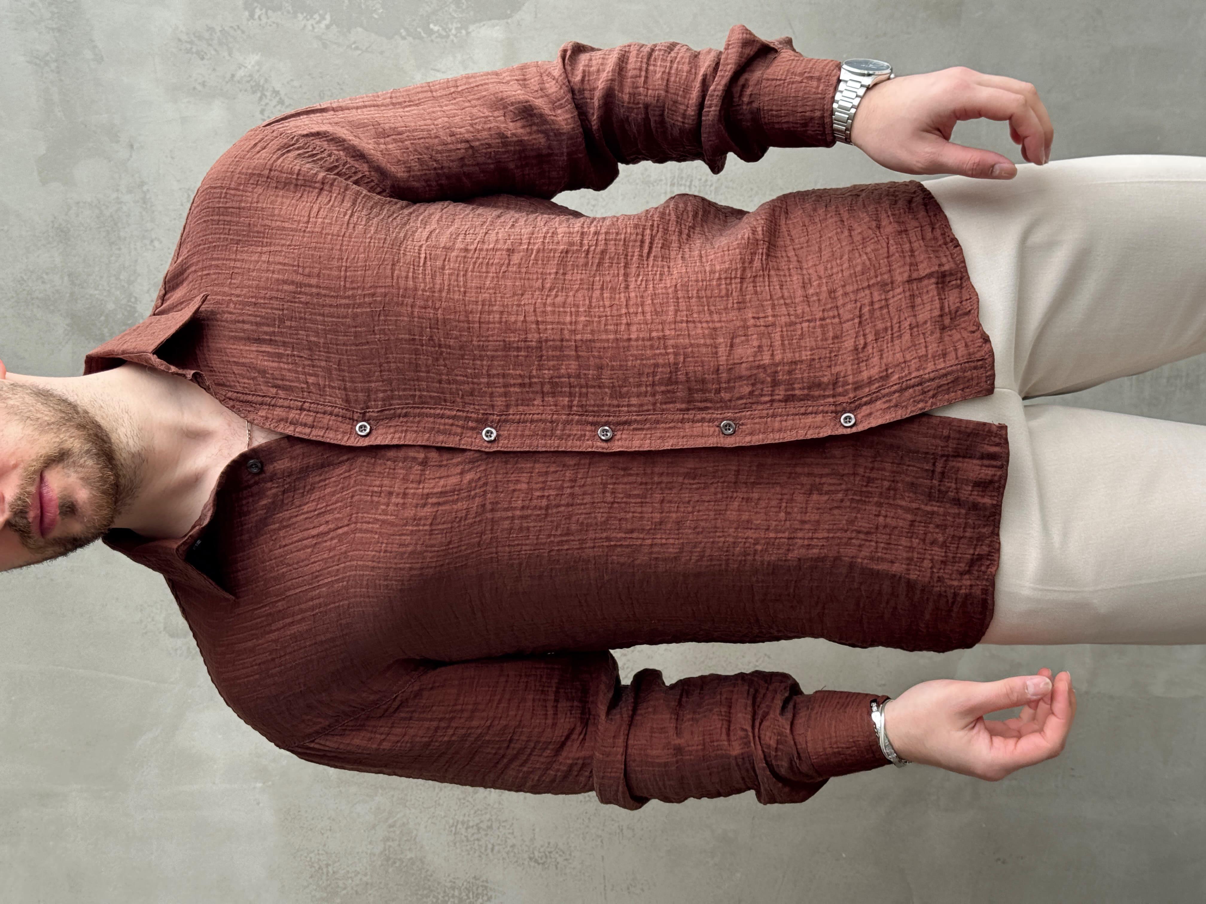 Erkek Efsane Stil Oversize Kalıp Ferahlatıcı Terletmeyen Kumaş Gömlek-Kahverengi(E1637)