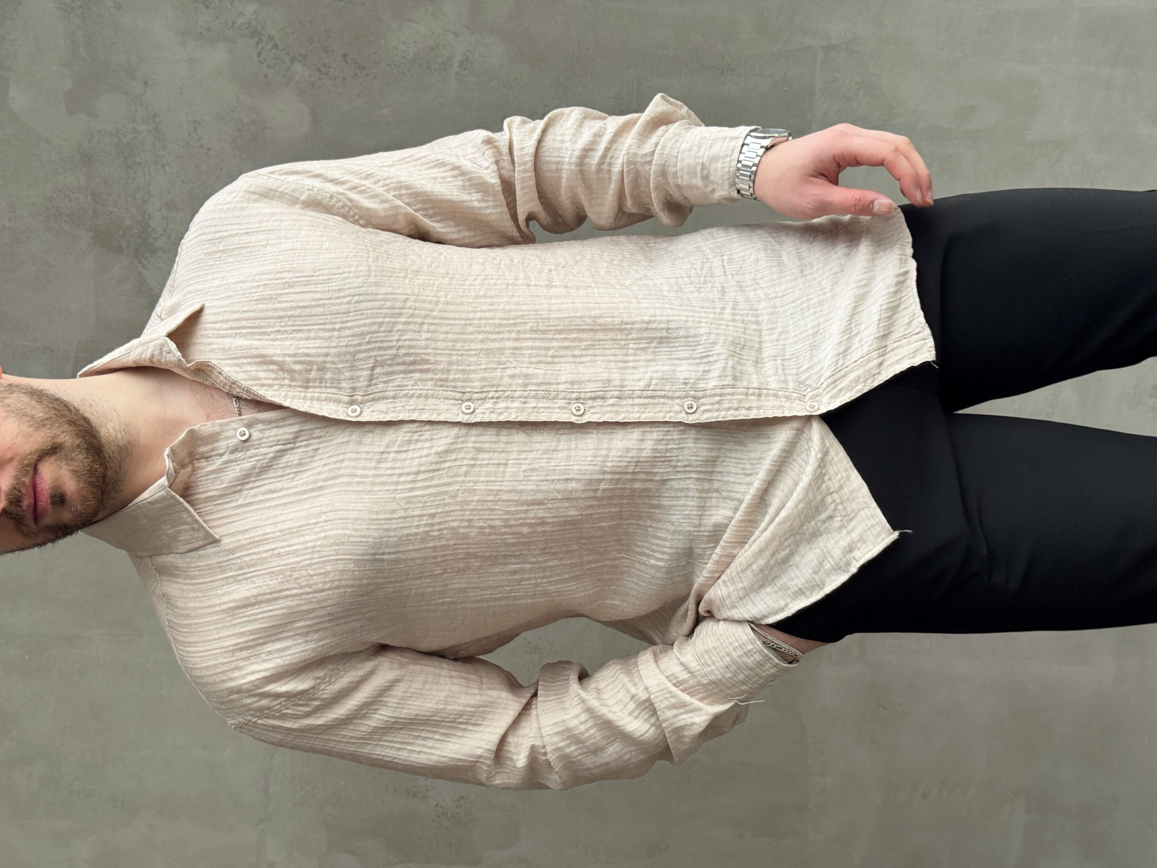 Erkek Efsane Stil Oversize Kalıp Ferahlatıcı Terletmeyen Kumaş Gömlek-Bej(E1637)