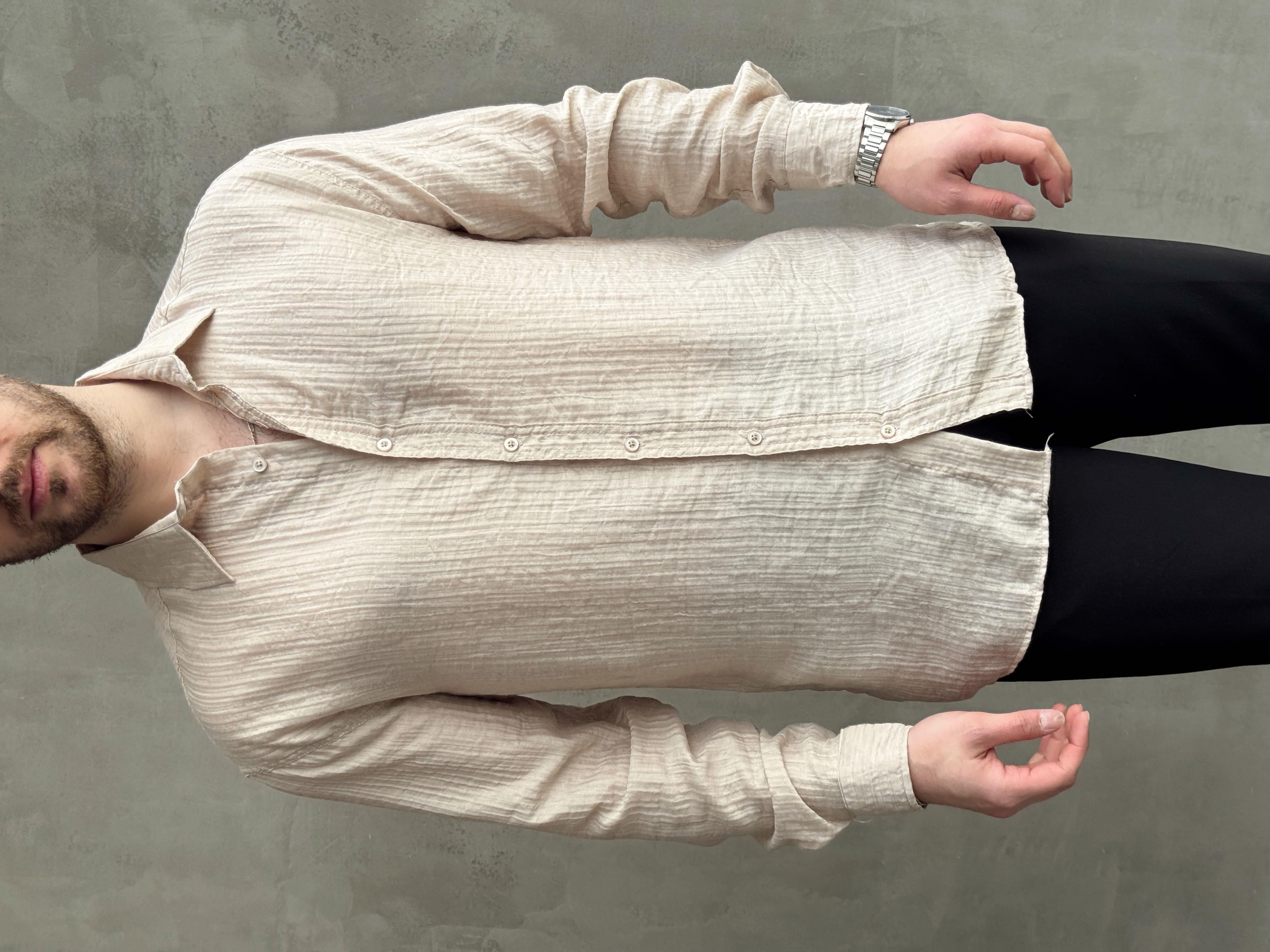 Erkek Efsane Stil Oversize Kalıp Ferahlatıcı Terletmeyen Kumaş Gömlek-Bej(E1637)