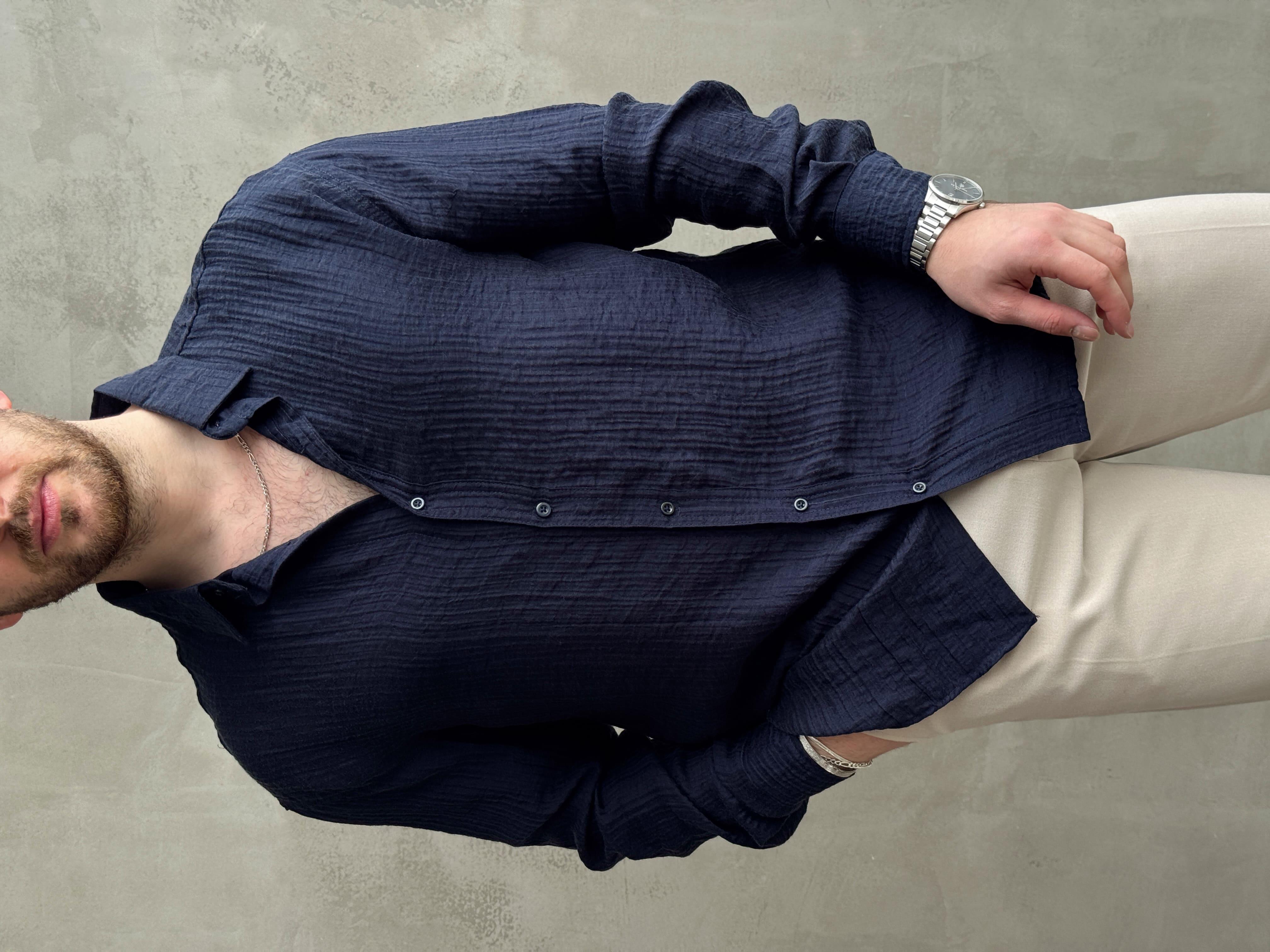 Erkek Efsane Stil Oversize Kalıp Ferahlatıcı Terletmeyen Kumaş Gömlek-Lacivert(E1637)Ketench