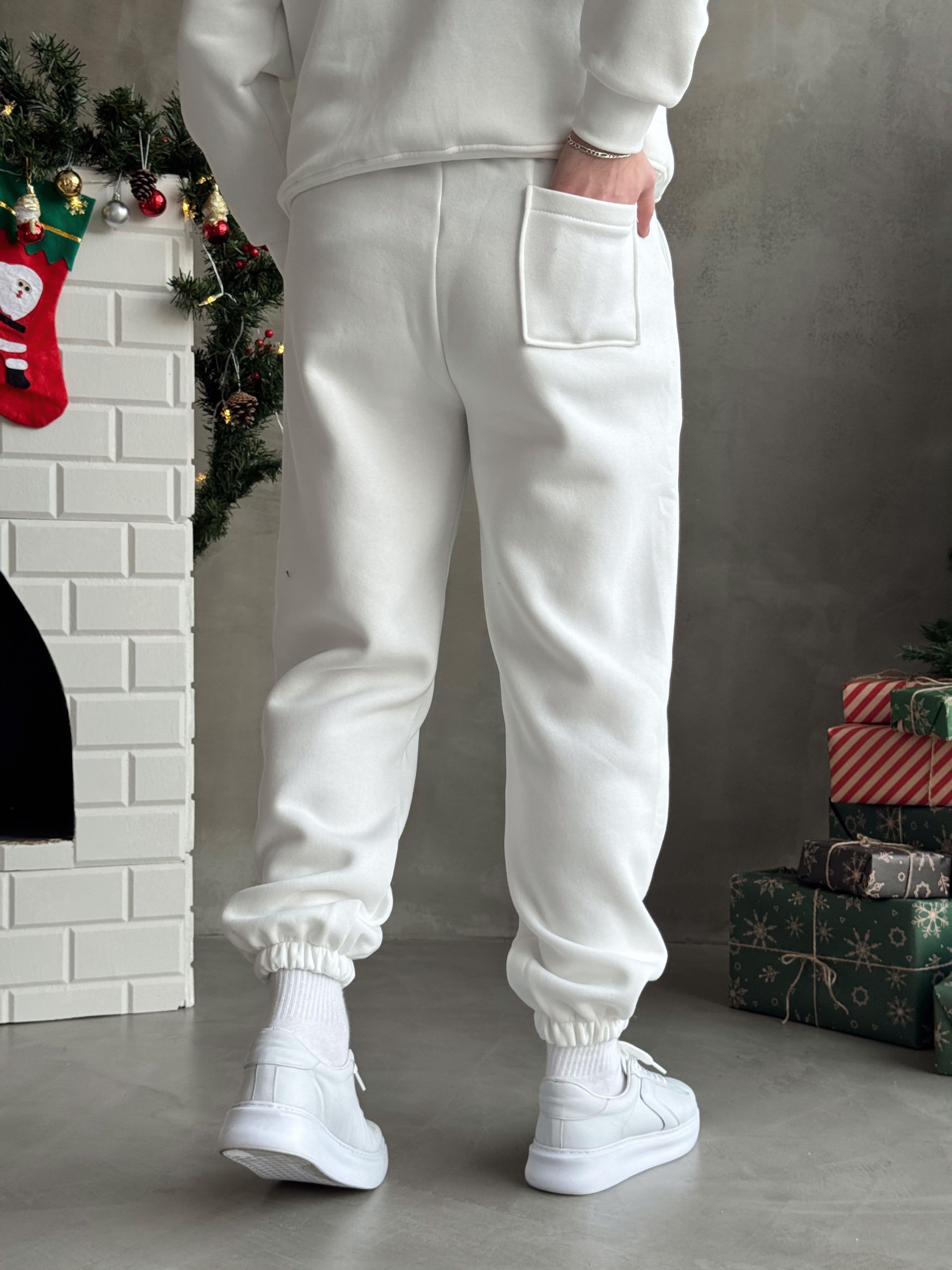 Erkek Elit Kalite Cep Detaylı Paça Lastik Detay Jogger Basic 3 İplik Eşofman Altı-Beyaz(E1588)