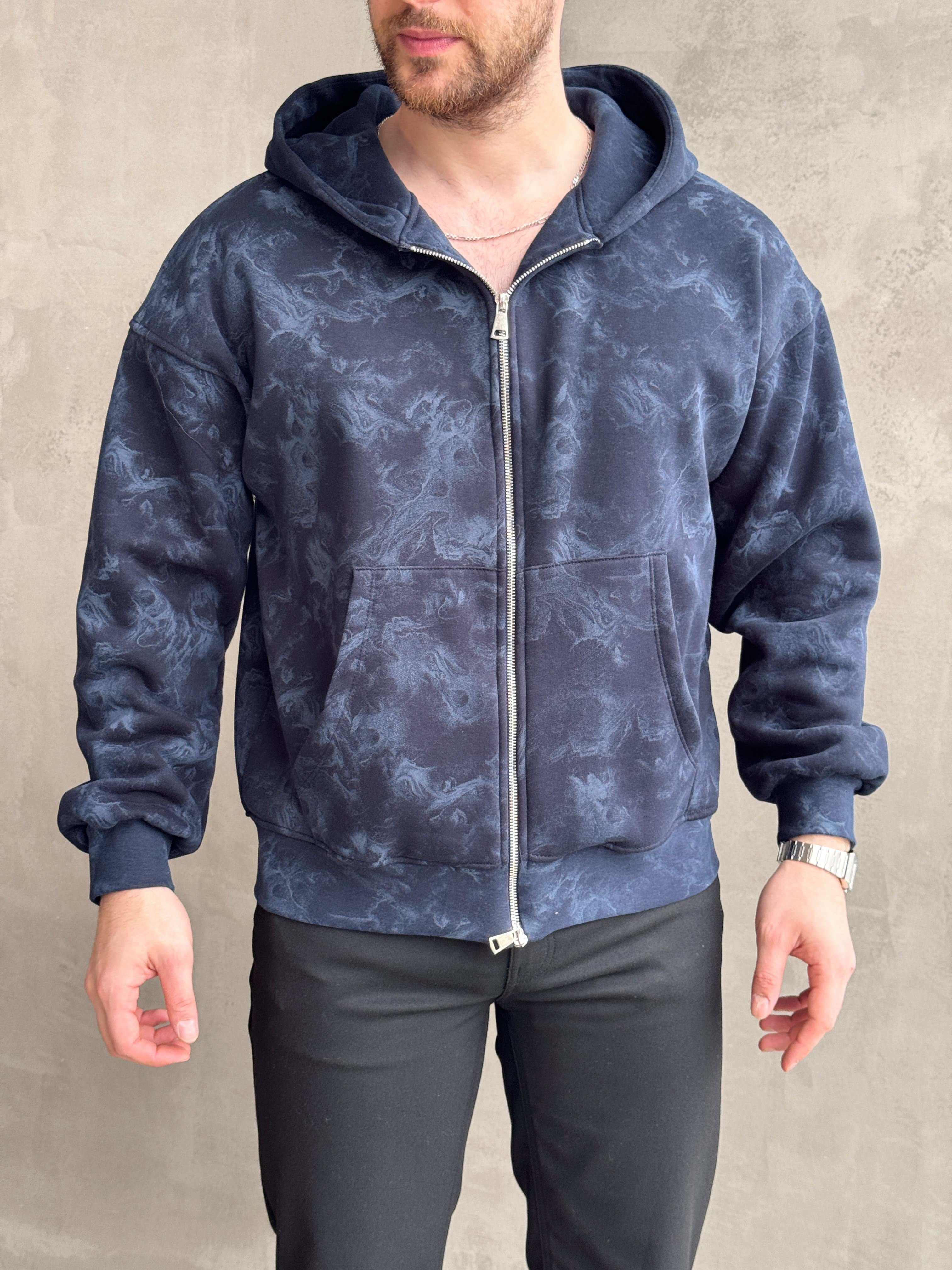 Erkek Elit Kalite Oversize Kalıp Asit Yıkamalı Şardonlu Zip Hırka-Lacivert(E1887)