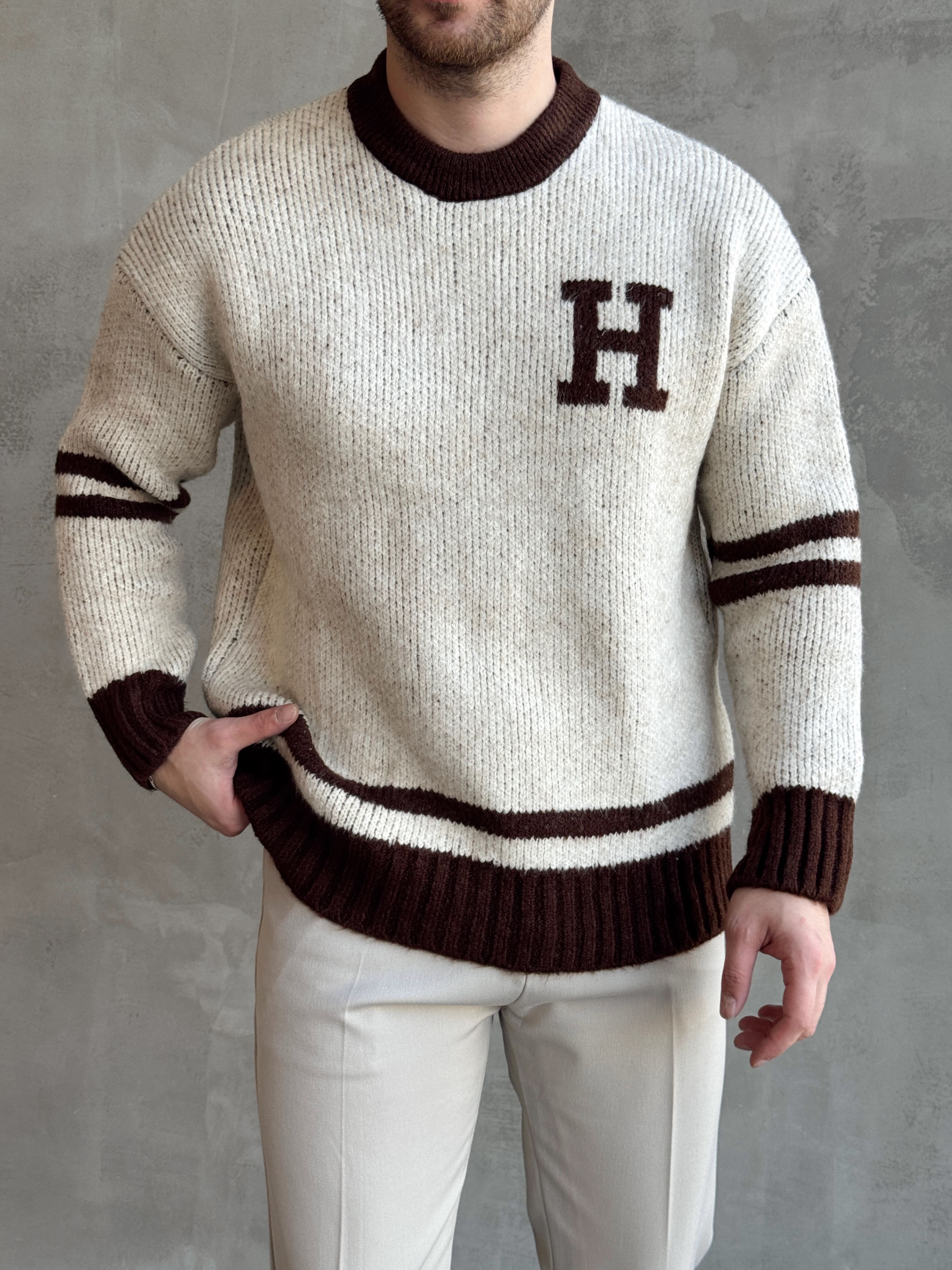 Erkek Elit Kalite Oversize Kalıp Bisiklet Yaka Hell Logo detay Triko Kazak-Bej(E1567)
