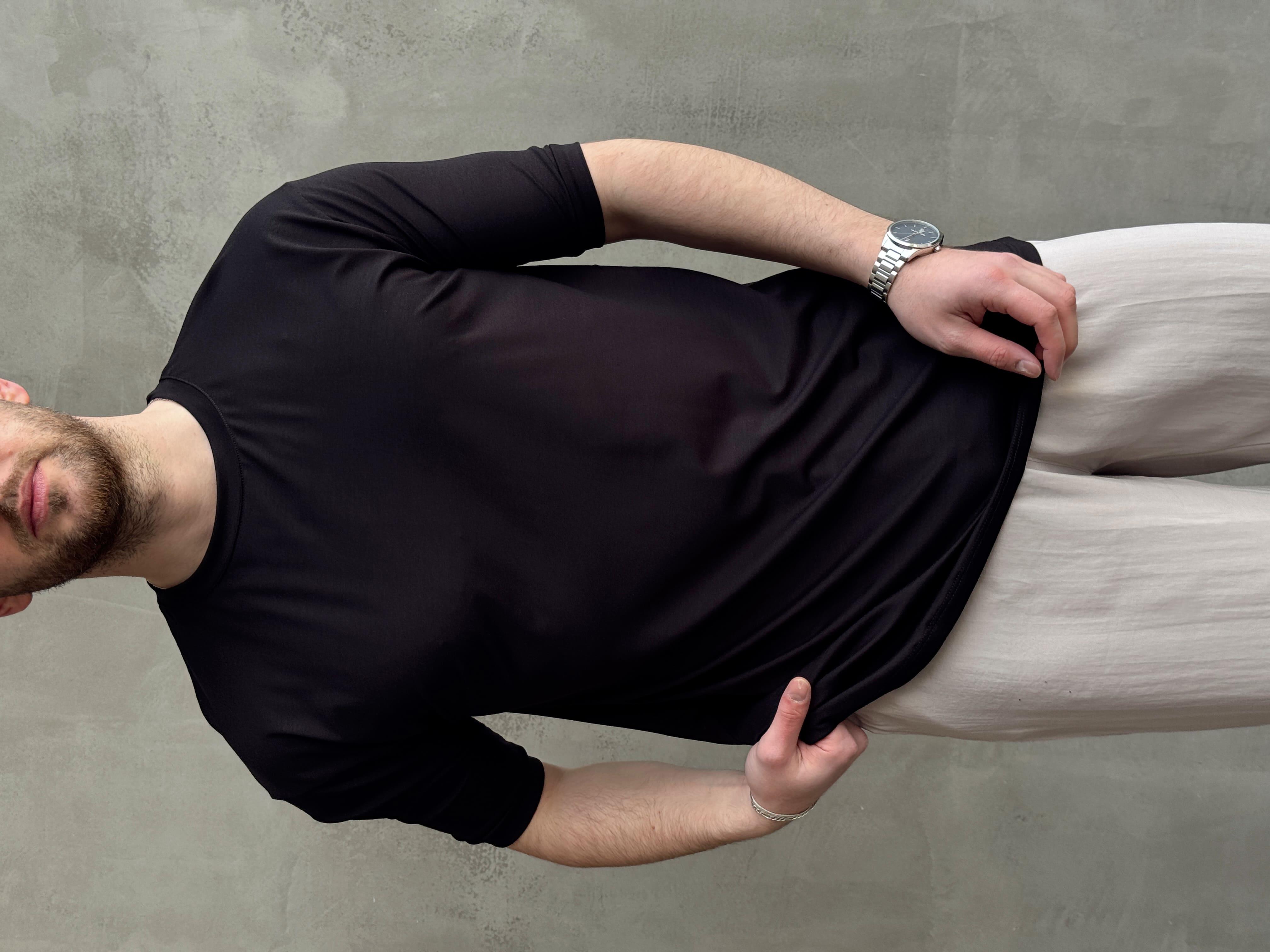 Erkek Elit Kalite Oversize Kalıp Bisiklet Yaka Düz Model T-Shirt-Siyah(E1652)