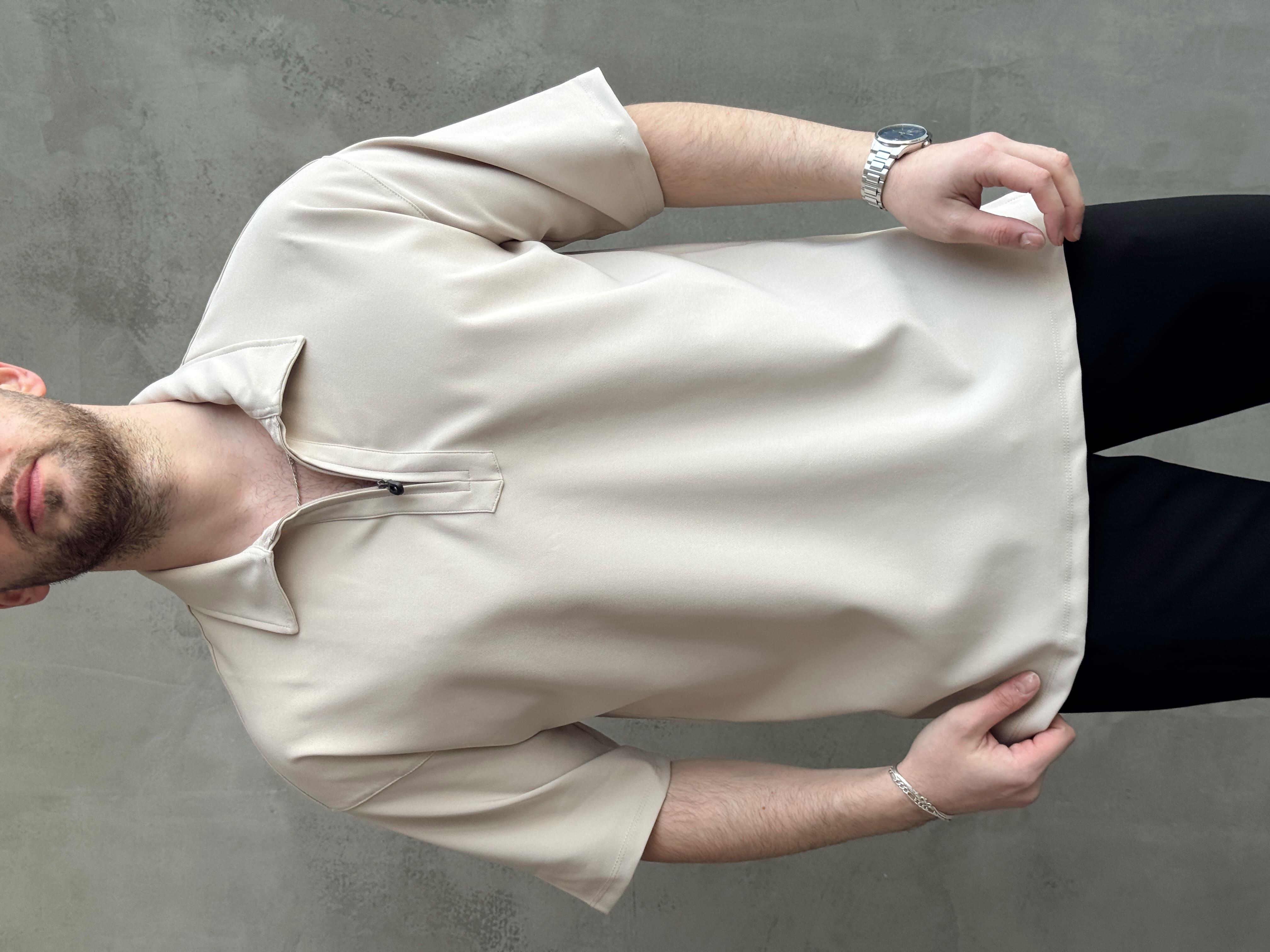 Erkek Elit Kalite Oversize Kalıp Fermuar Detaylı Polo Yaka T-Shirt-Bej(E1651)Ketench