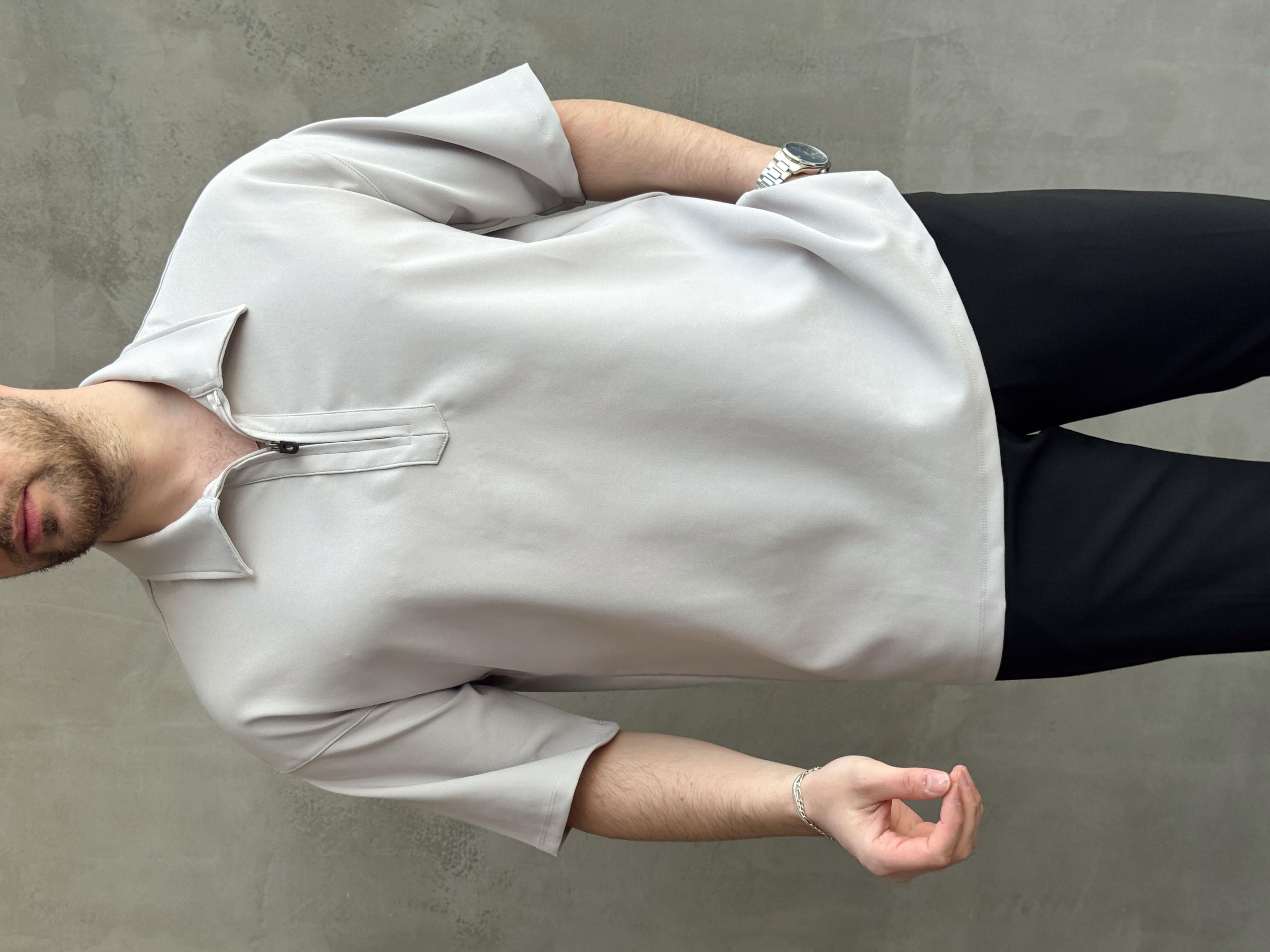 Erkek Elit Kalite Oversize Kalıp Fermuar Detaylı Polo Yaka T-Shirt-Gri(E1651)