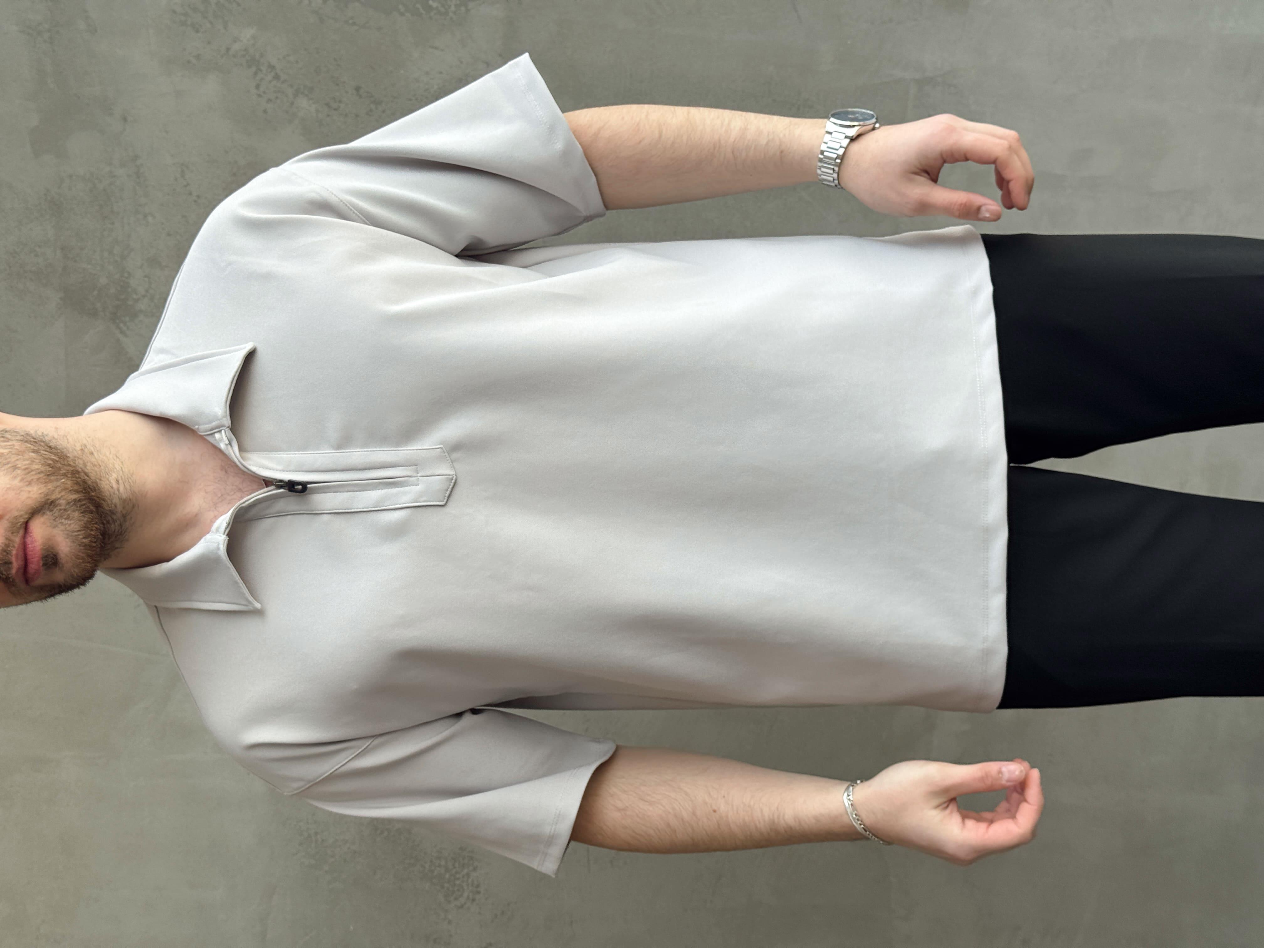 Erkek Elit Kalite Oversize Kalıp Fermuar Detaylı Polo Yaka T-Shirt-Gri(E1651)
