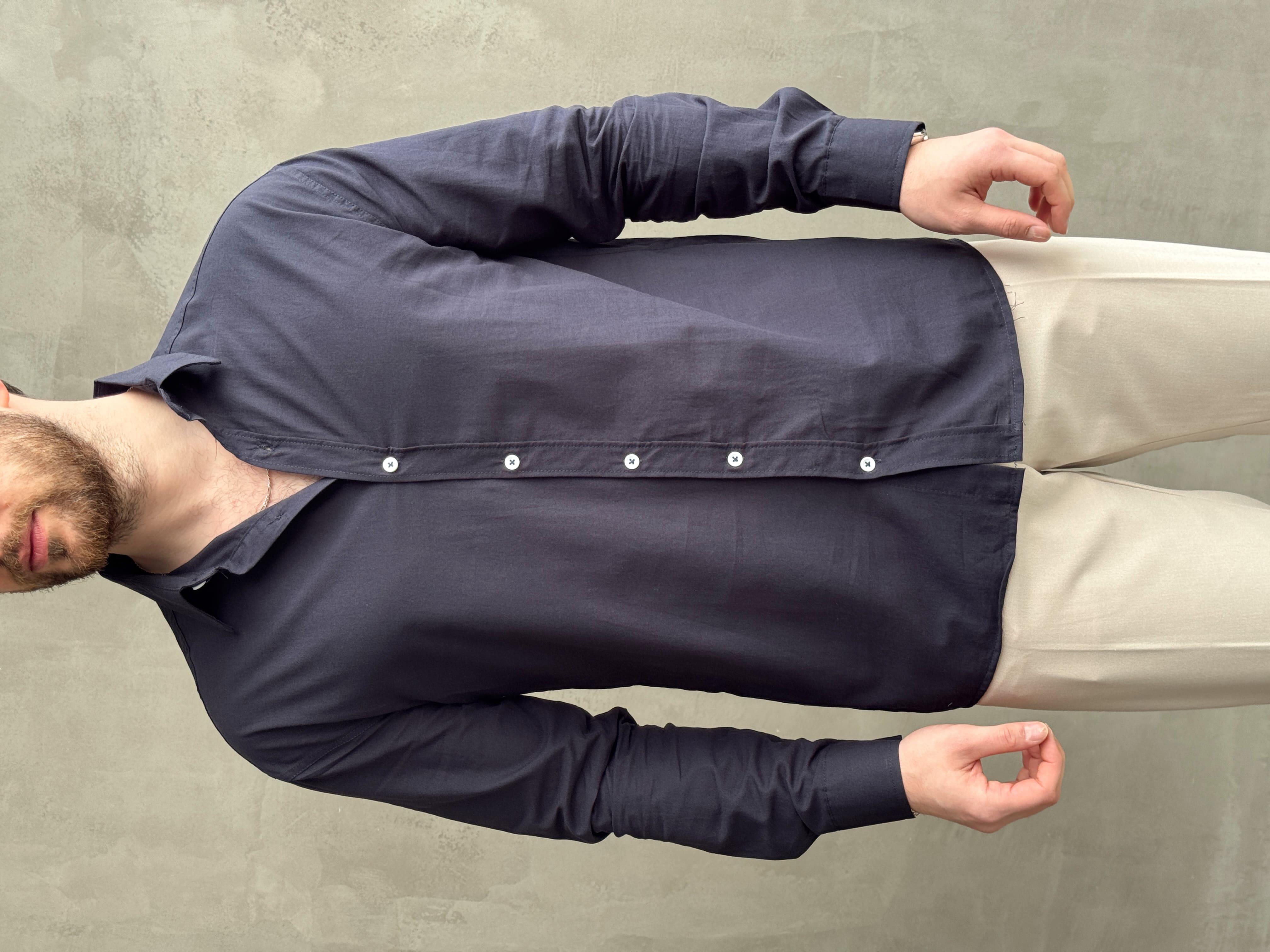 Erkek Elit Kalite Oversize Kalıp Fresh Keten Kumaş Gömlek-Lacivert(E1677)Ketench