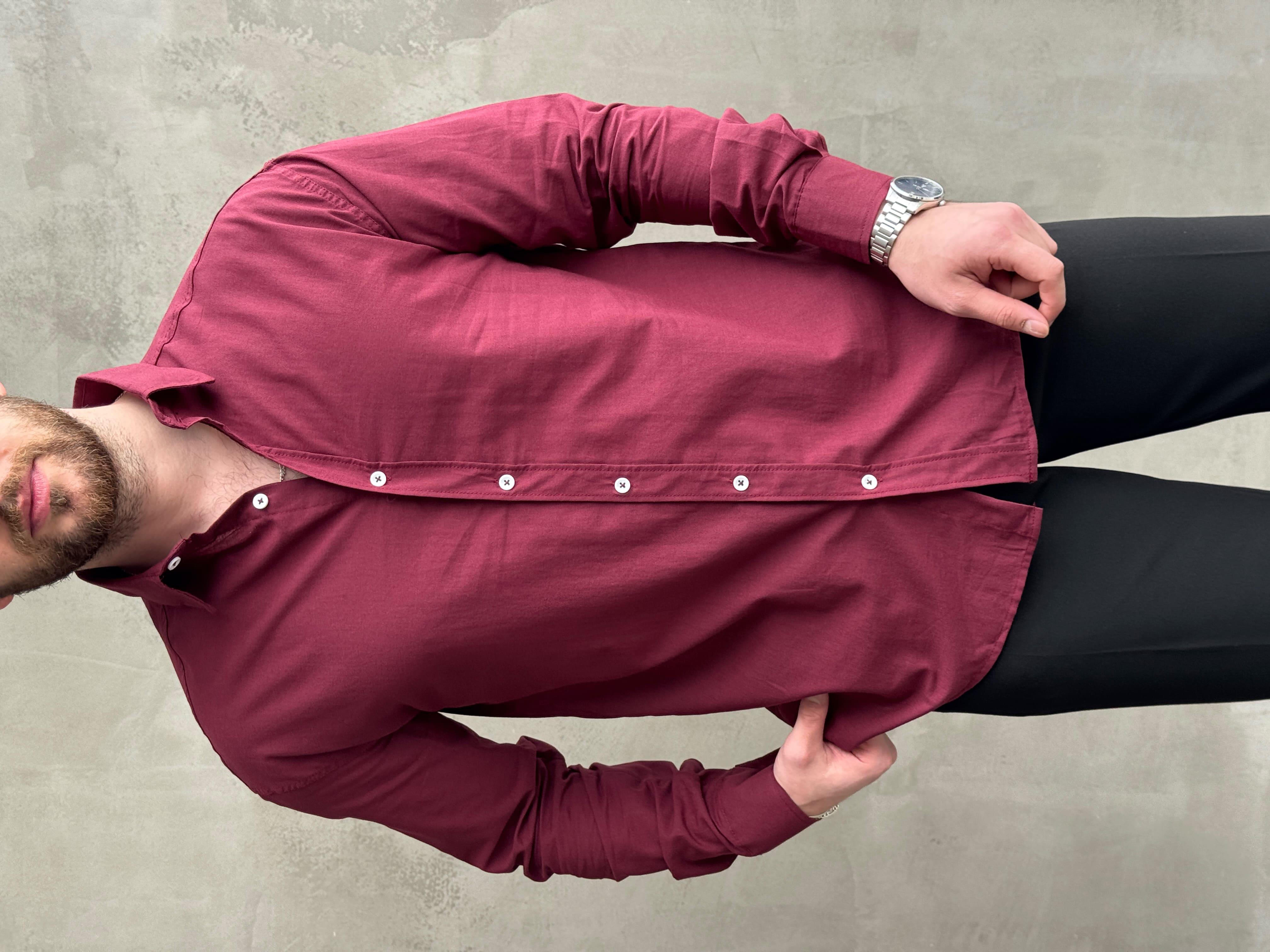 Erkek Elit Kalite Oversize Kalıp Fresh Keten Kumaş Gömlek-Bordo(E1677)Ketench