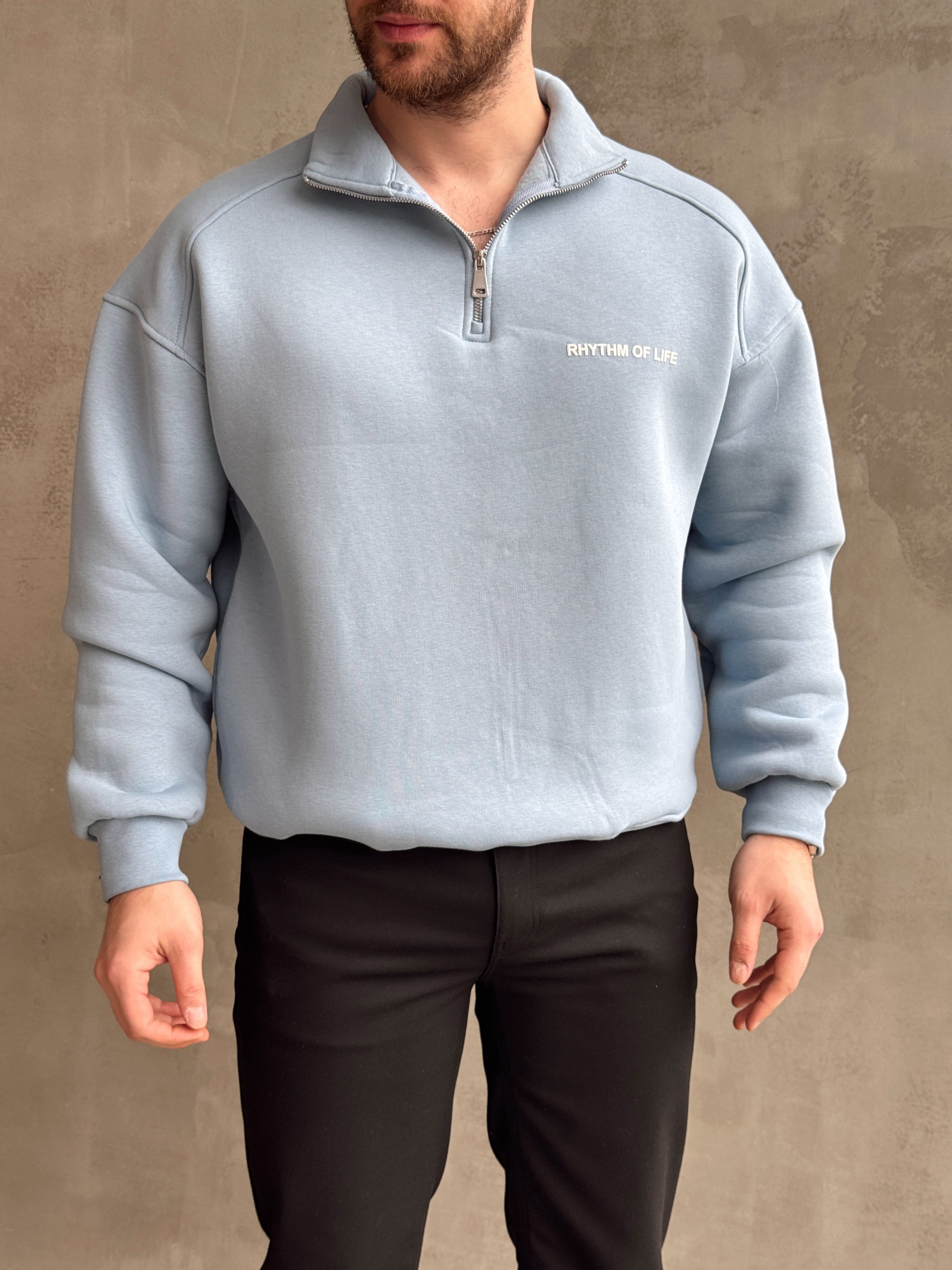 Erkek Elit Kalite Oversize Kalıp Gizli Cep Detaylı Yarım Fermuarlı Dik Yaka 3 İplik Şardonlu Sweat-Bebe Mavi(E1888)