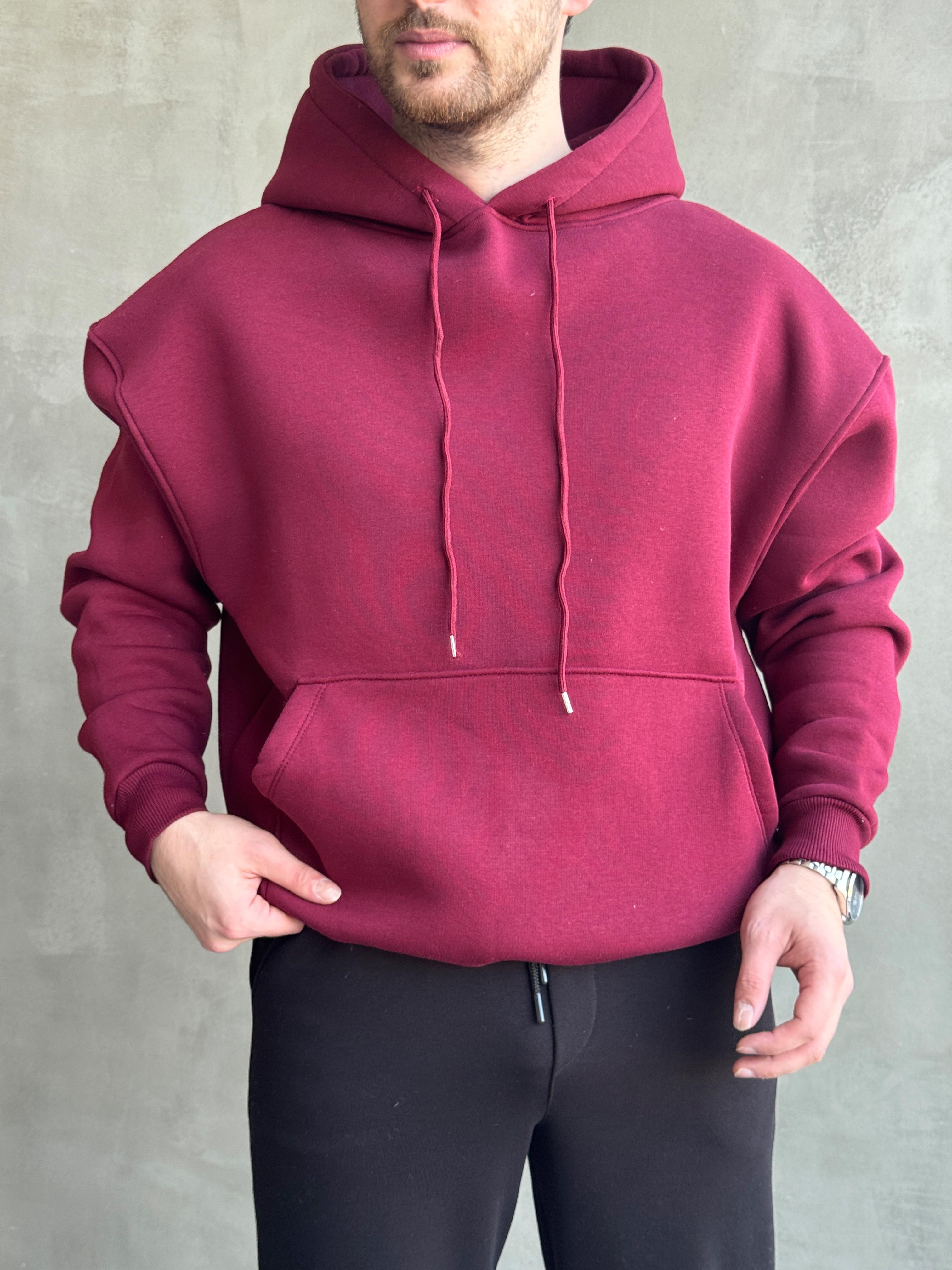 Erkek Elit Kalite Oversize Kalıp İçi Şardonlu Üç İplik Kanguru Cepli Kapuşonlu Sweat-Bordo(E1552)Ketench