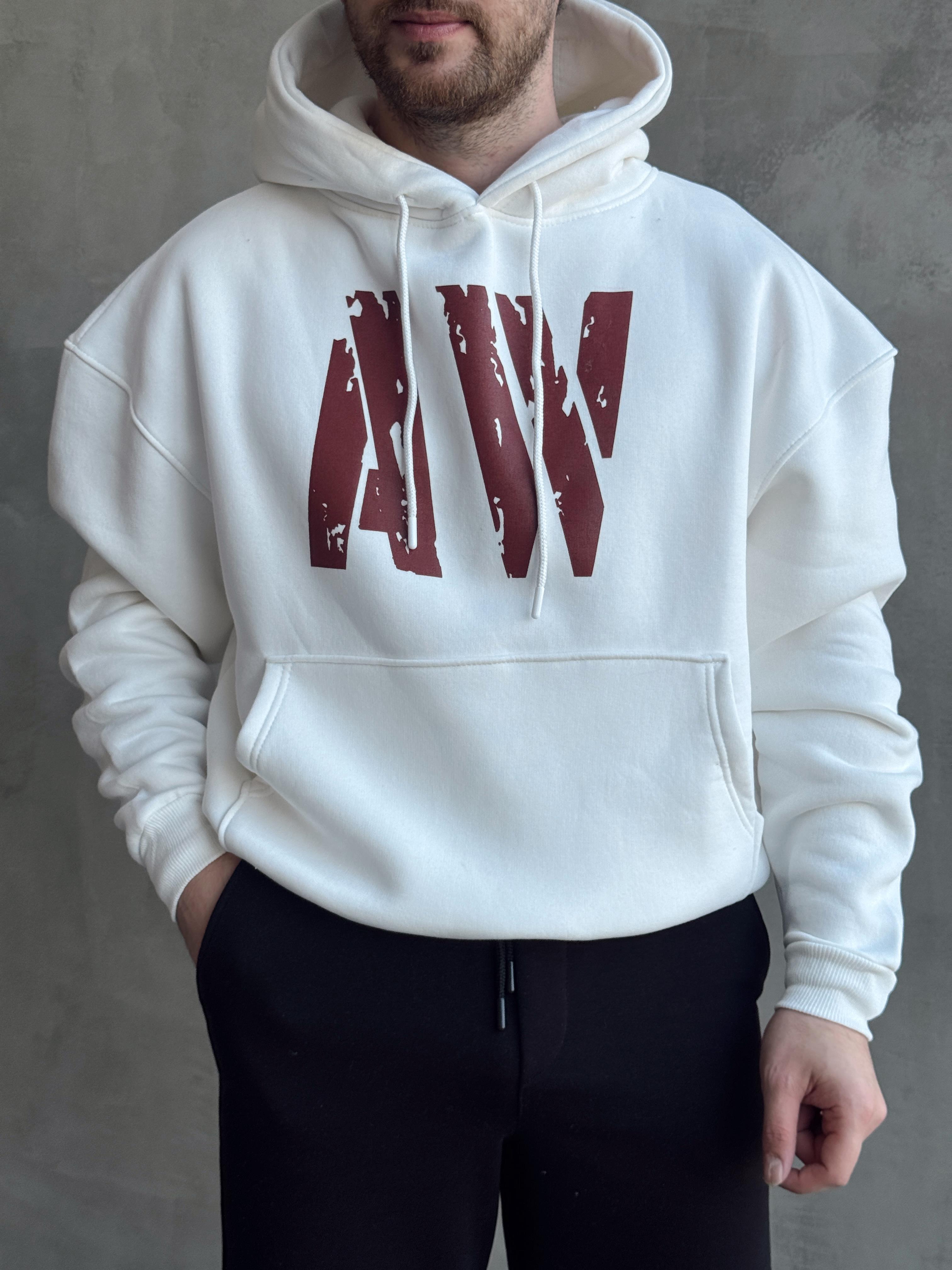 Erkek Elit Kalite Oversize Kalıp İçi Şardonlu Üç İplik Kanguru Cepli AW Baskılı Kapüşonlu Sweat-Beyaz(E1553)Ketench