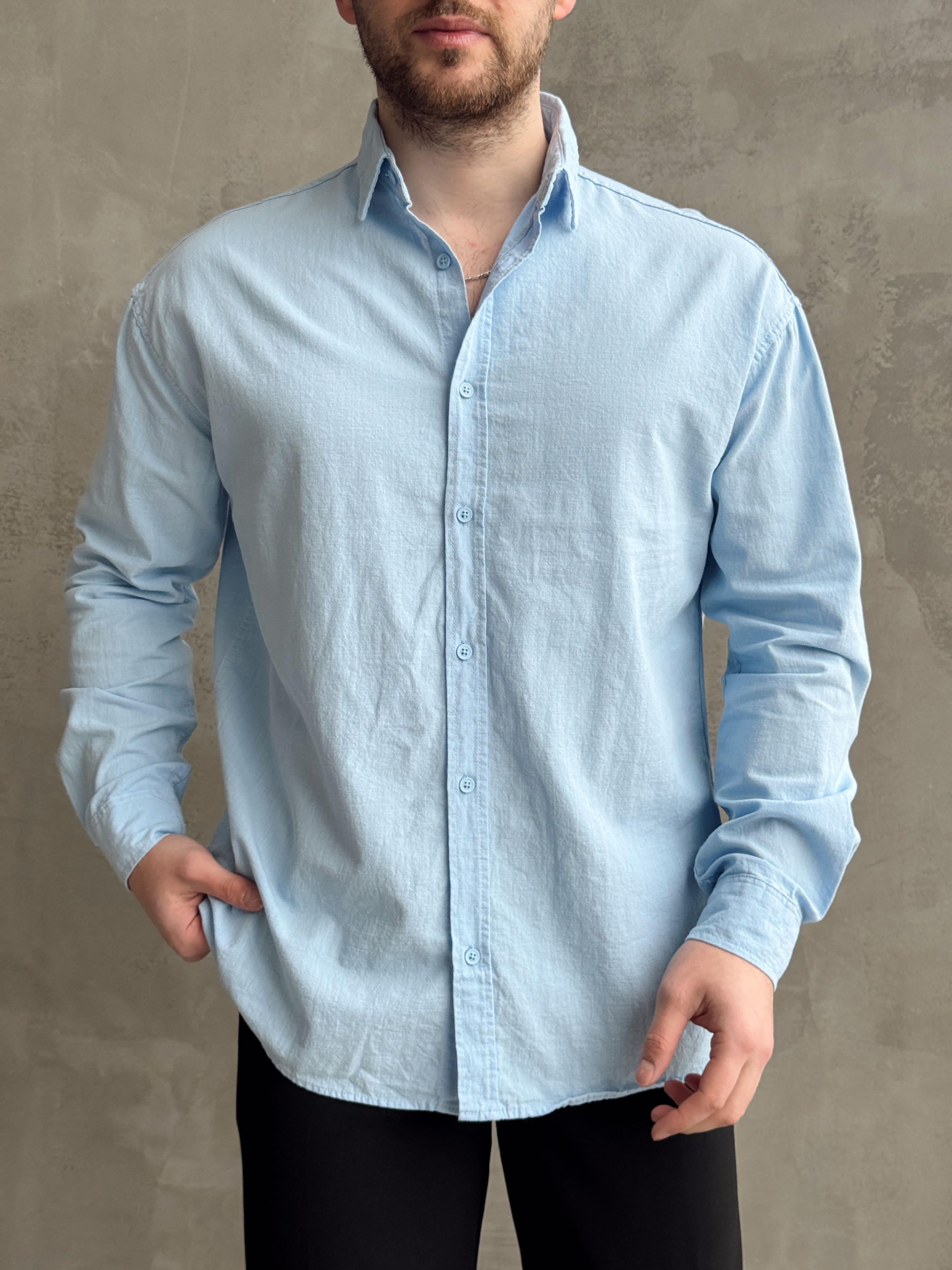 Erkek Elit Kalite Oversize Kalıp Keten Karışımlı Kumaş Gömlek-Bebe Mavi(E1508)Ketench