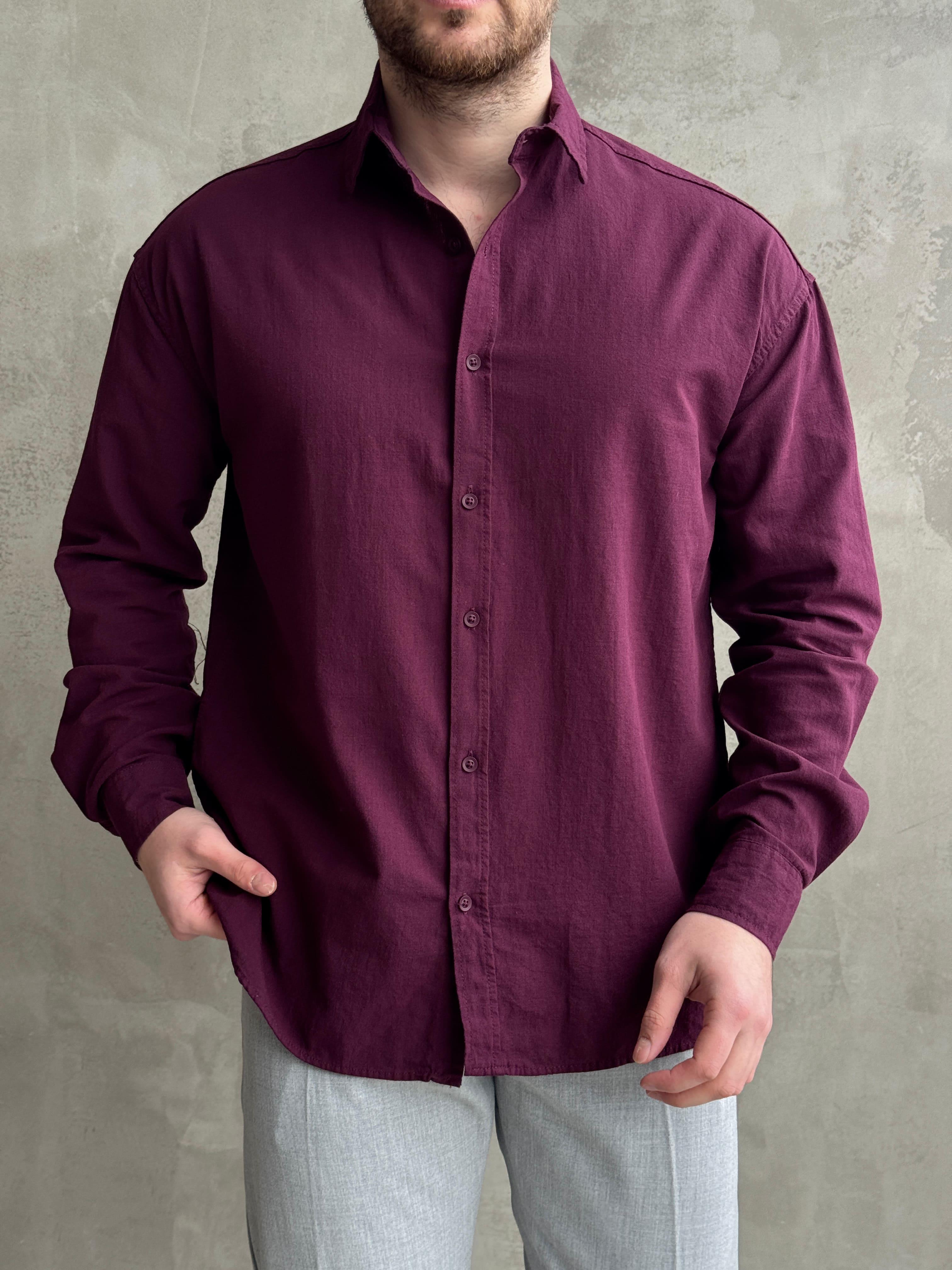 Erkek Elit Kalite Oversize Kalıp Keten Karışımlı Kumaş Gömlek-Bordo(E1508)Ketench