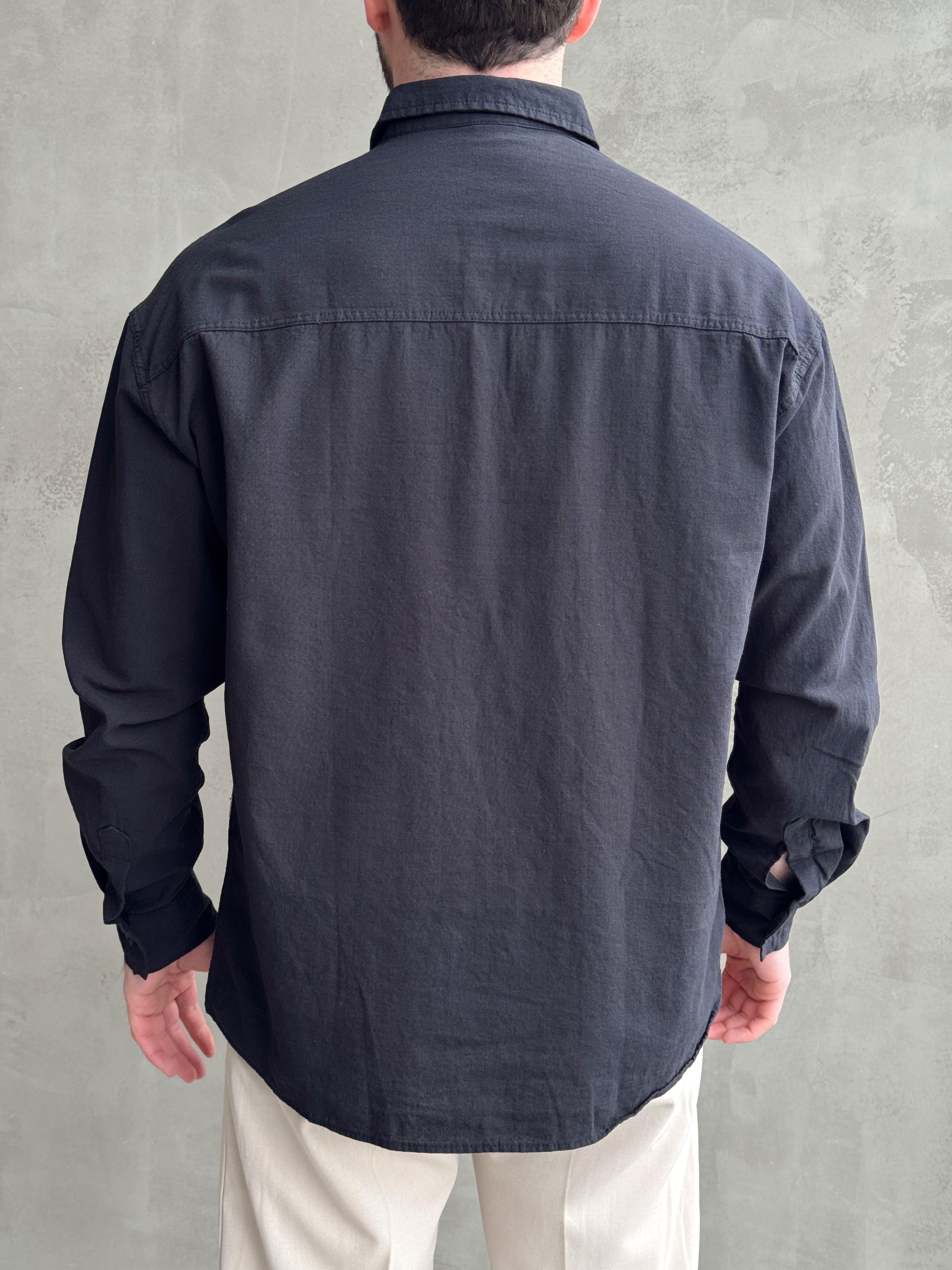 Erkek Elit Kalite Oversize Kalıp Keten Karışımlı Kumaş Gömlek-Siyah(E1608)