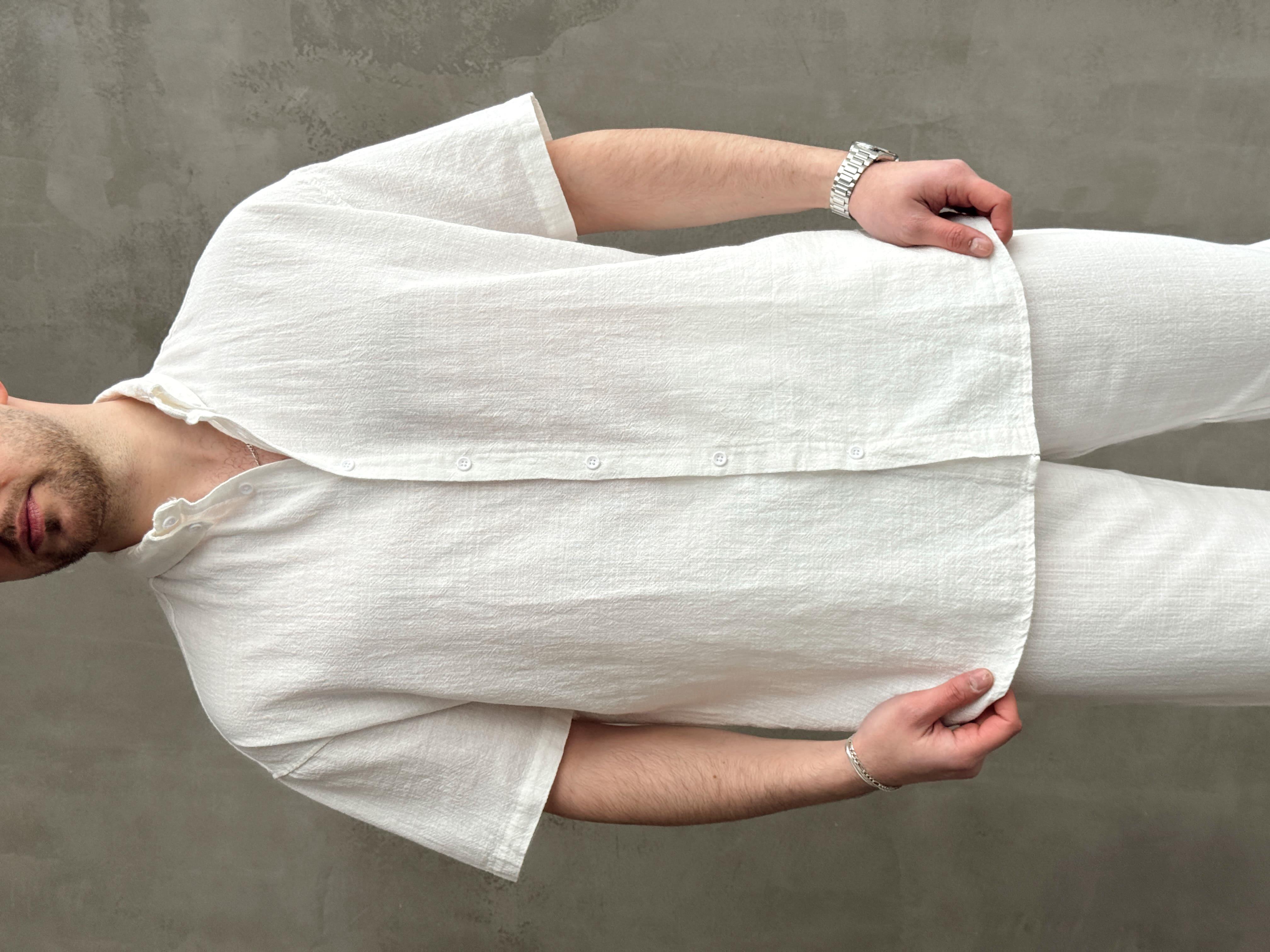 Erkek Elit Kalite Oversize Kalıp Keten Karışımlı Kısa Kollu Gömlek Baggy Kalıp Pantolon Takım-Beyaz(E1646)