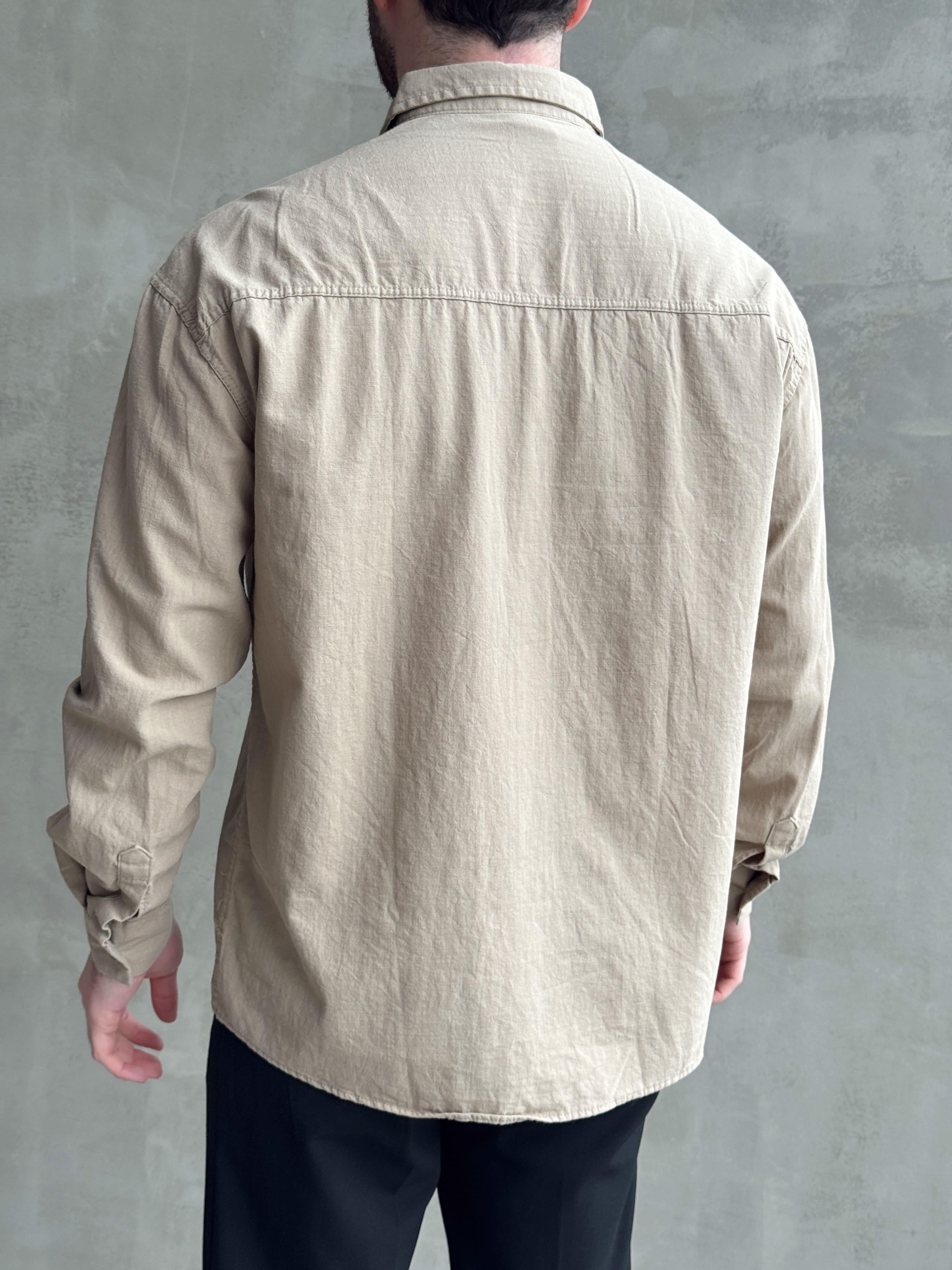 Erkek Elit Kalite Oversize Kalıp Keten Karışımlı Kumaş Gömlek-Bej(E1608)