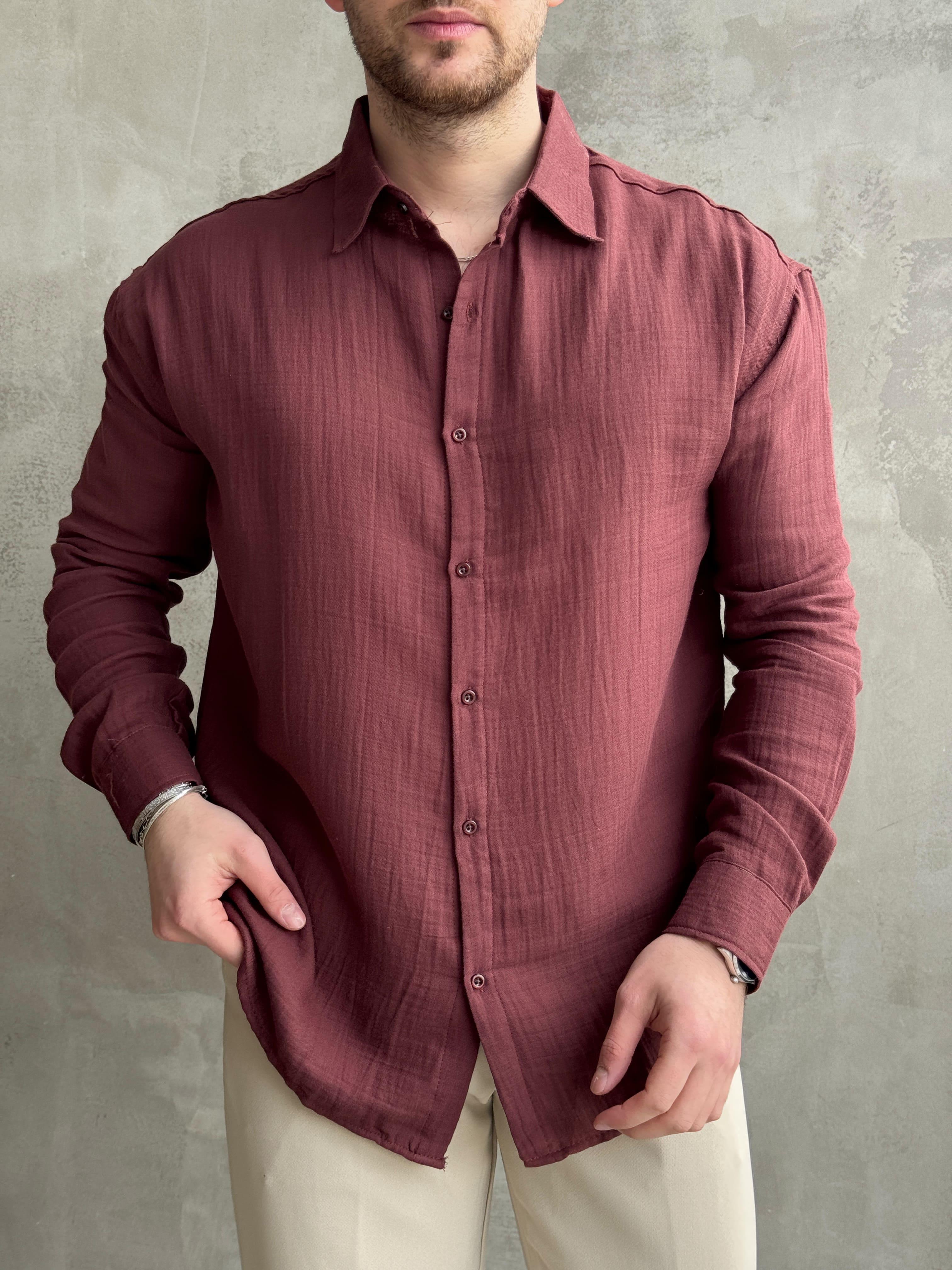 Erkek Elit Kalite Oversize Kalıp Müslin Kumaş Gömlek-Bordo(E1606)Ketench