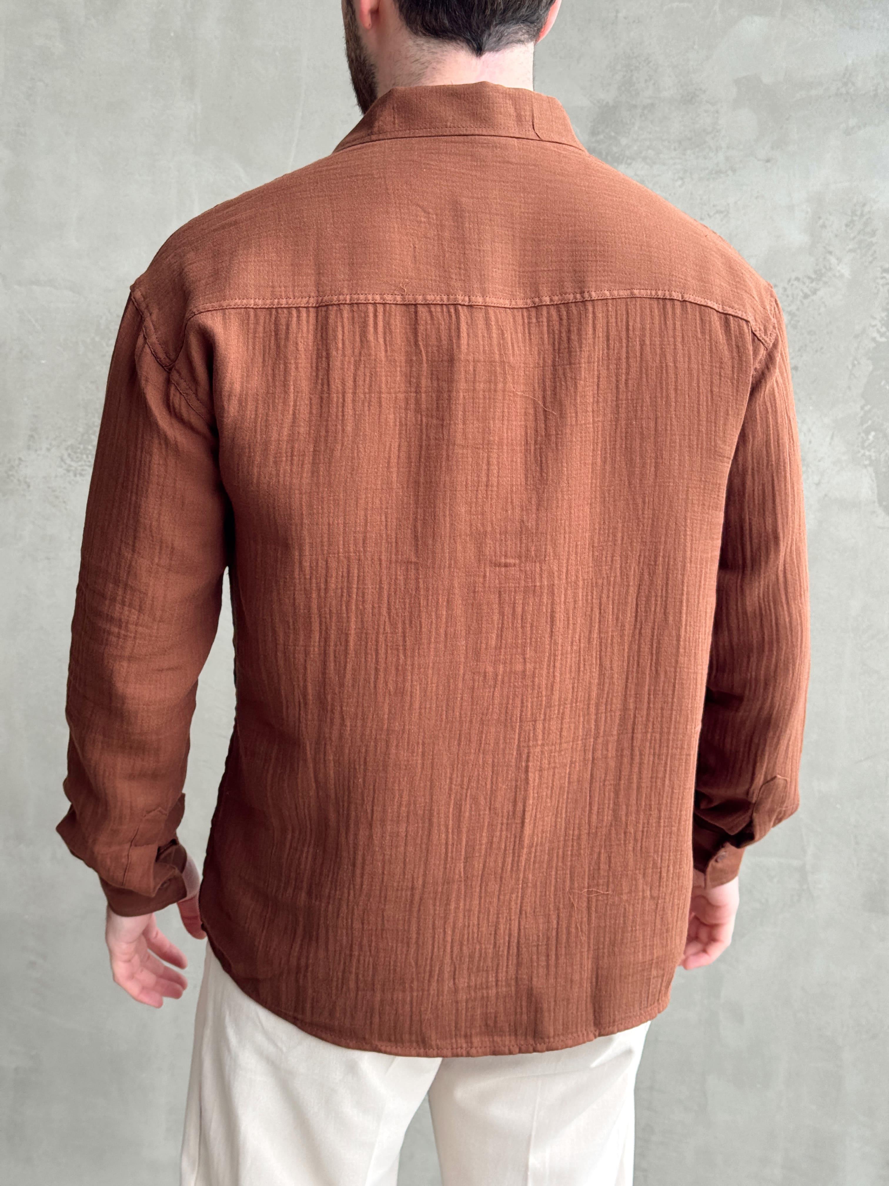 Erkek Elit Kalite Oversize Kalıp Müslin Kumaş Gömlek-Kahverengi(E1606)
