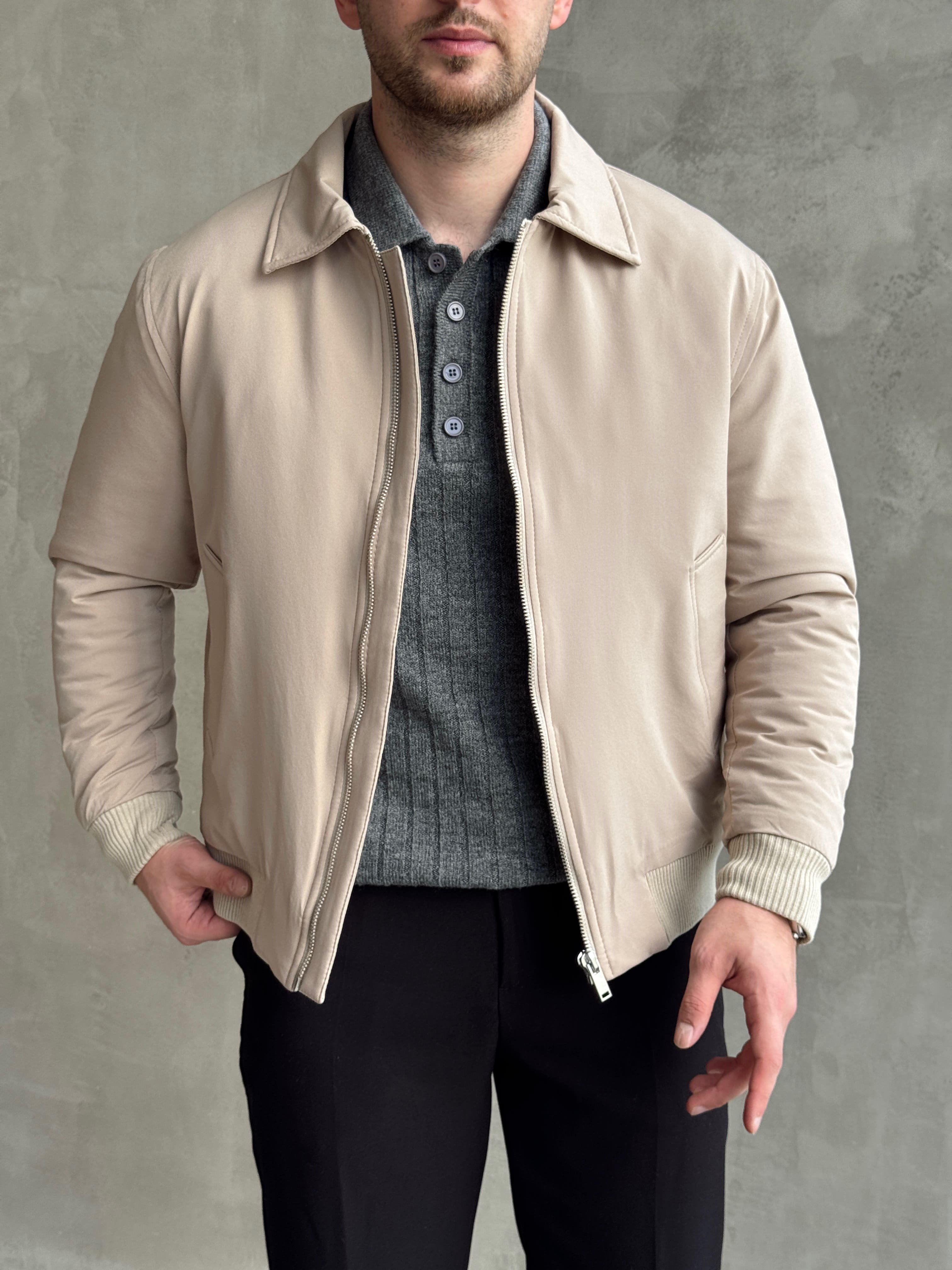 Erkek Elit Kalite Regular Fit Ribana Detaylı İçi Elyaflı Ceket-Bej(E1826)