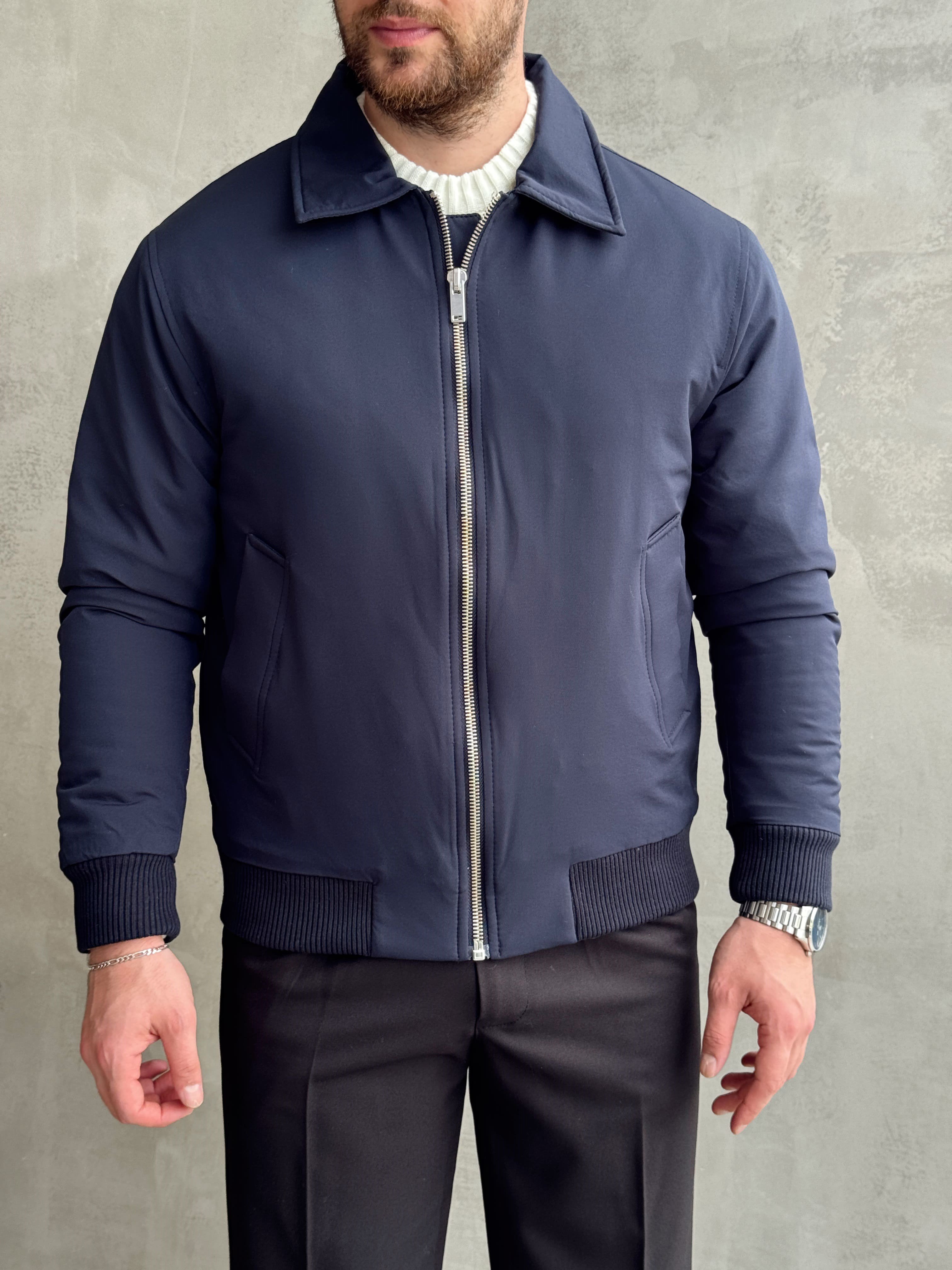Erkek Elit Kalite Regular Fit Ribana Detaylı İçi Elyaflı Ceket-Lacivert(E1826)