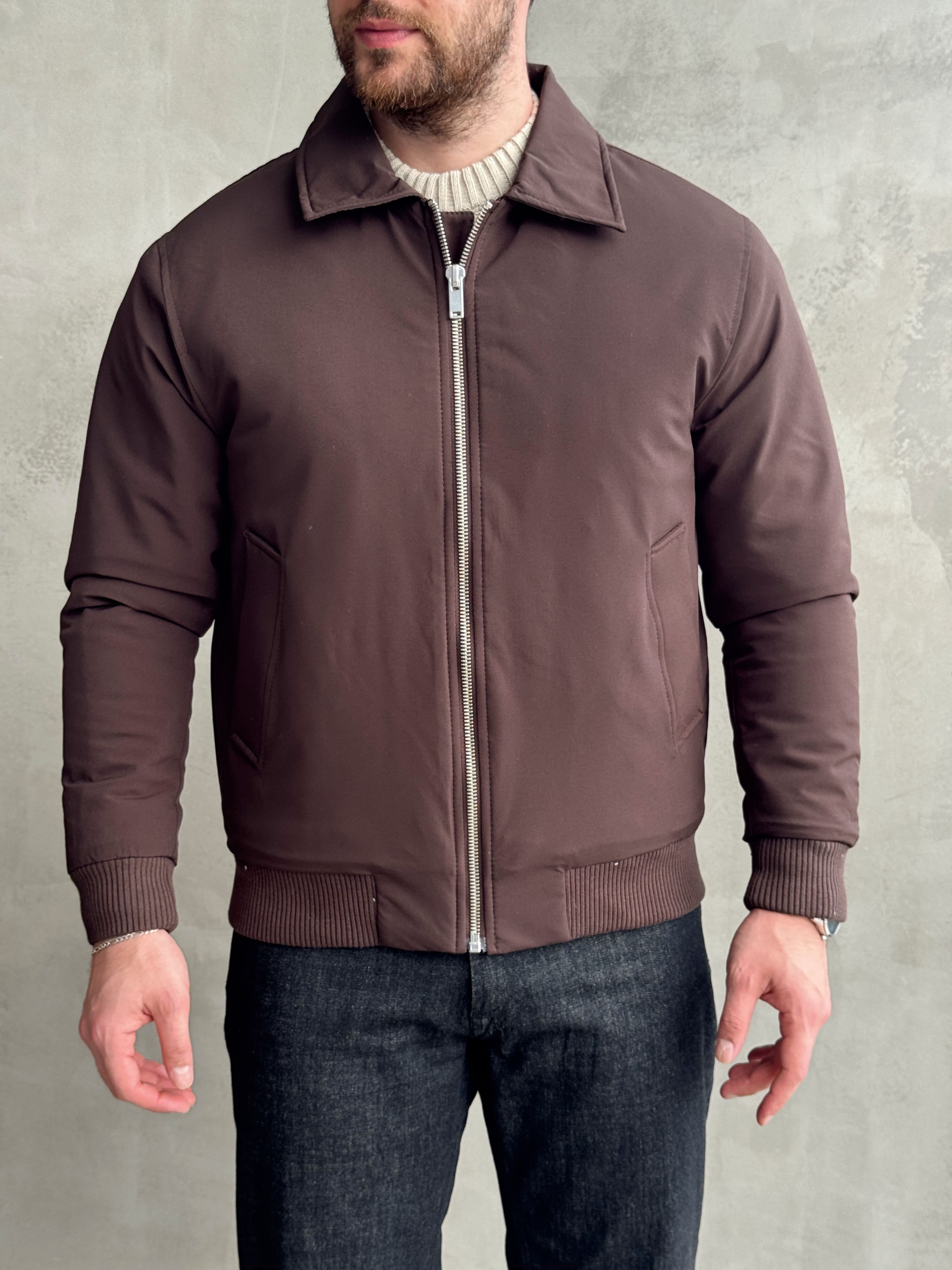 Erkek Elit Kalite Regular Fit Ribana Detaylı İçi Elyaflı Ceket-Kahverengi(E1826)