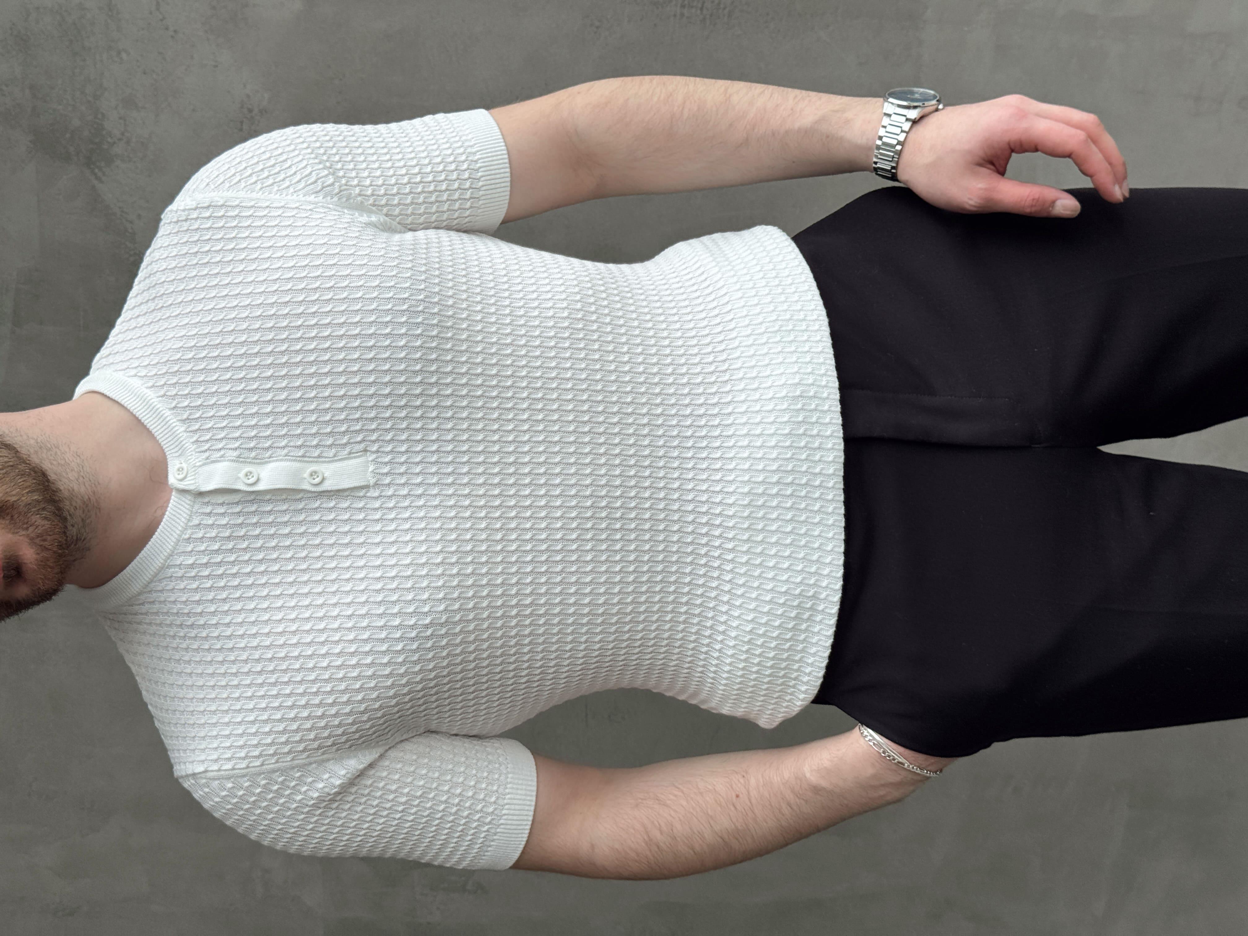 Erkek Elit Kalite Regular Fit Waffle Desenli Pat Yaka Detay Triko T-Shirt-Beyaz(E1681)Ketench