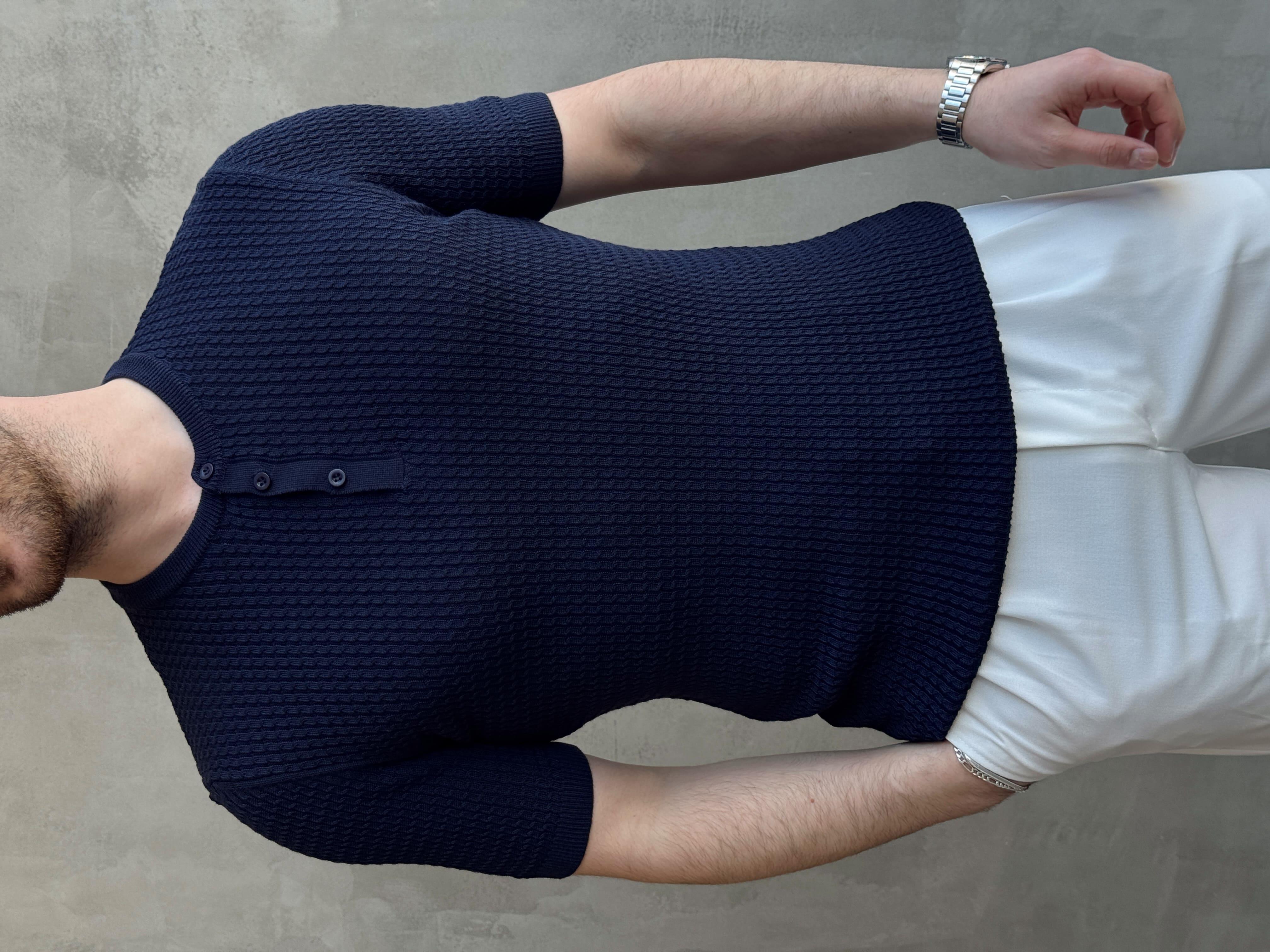 Erkek Elit Kalite Regular Fit Waffle Desenli Pat Yaka Detay Triko T-Shirt-Lacivert(E1681)Ketench