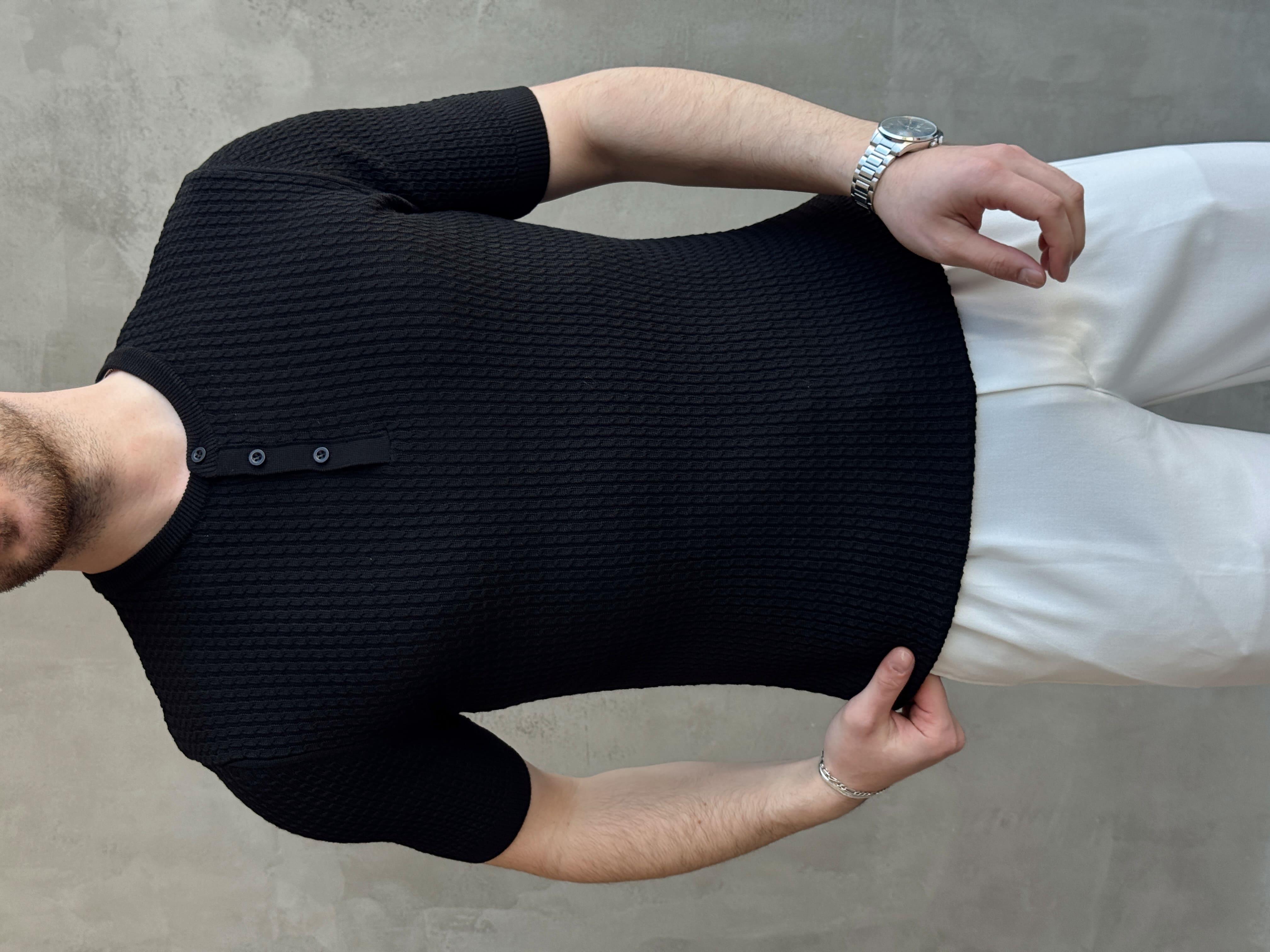 Erkek Elit Kalite Regular Fit Waffle Desenli Pat Yaka Detay Triko T-Shirt-Siyah(E1681)
