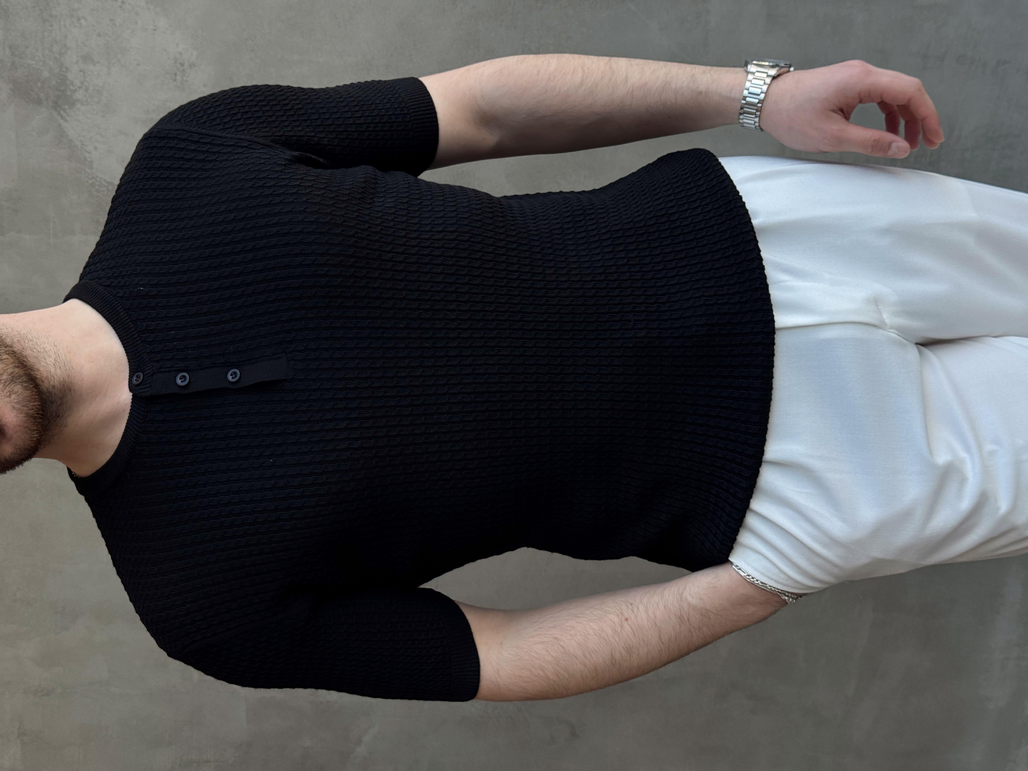 Erkek Elit Kalite Regular Fit Waffle Desenli Pat Yaka Detay Triko T-Shirt-Siyah(E1681)