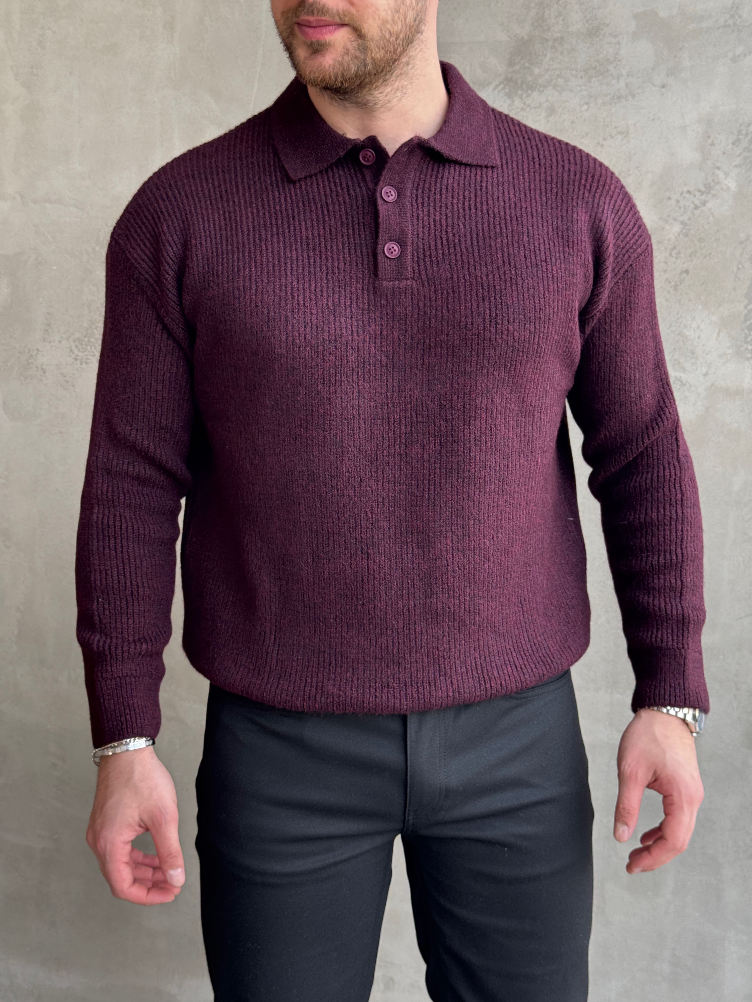 Erkek Elit Kalite Regular Kalıp Düğme Detaylı Polo Yaka Triko Kazak-Bordo(E1886)