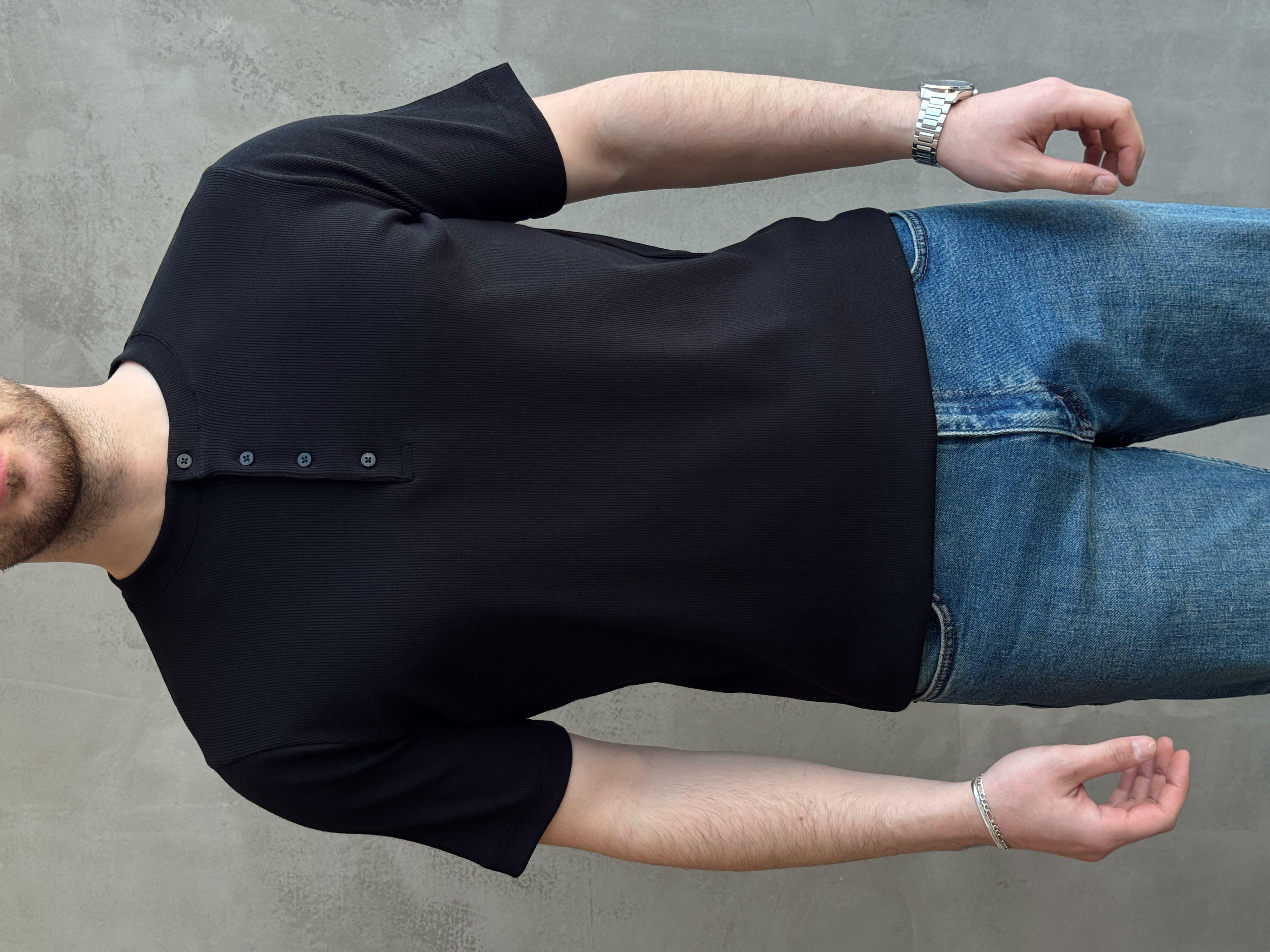 Erkek Elit Kalite Regular Kalıp Pat Yaka Detay Pamuk Kumaş T-Shirt-Siyah(E1678)