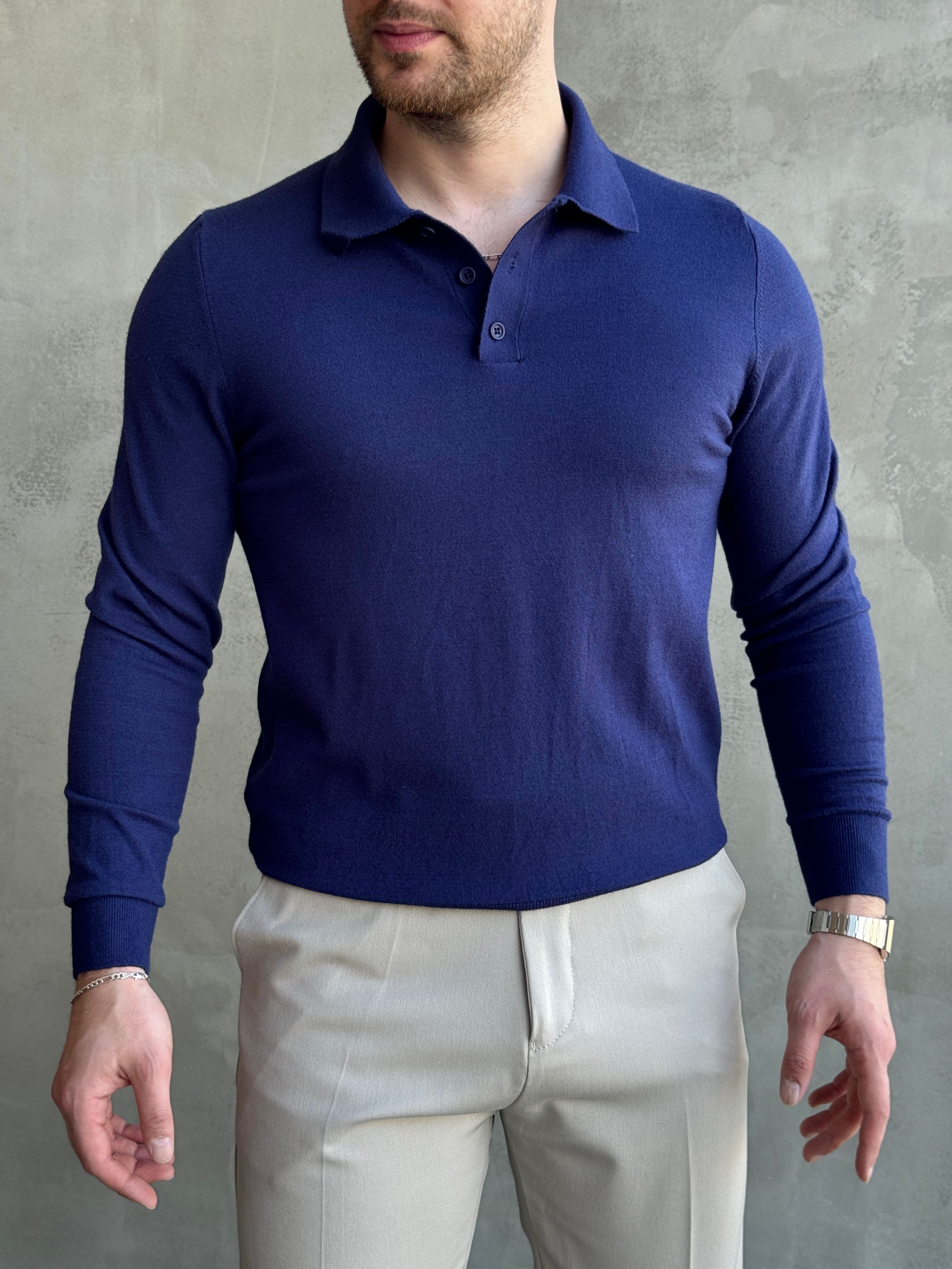 Erkek Elit Model Regular Kalıp Düğme Detaylı Polo Yaka İnce Triko Kazak-Lacivert(E1873)