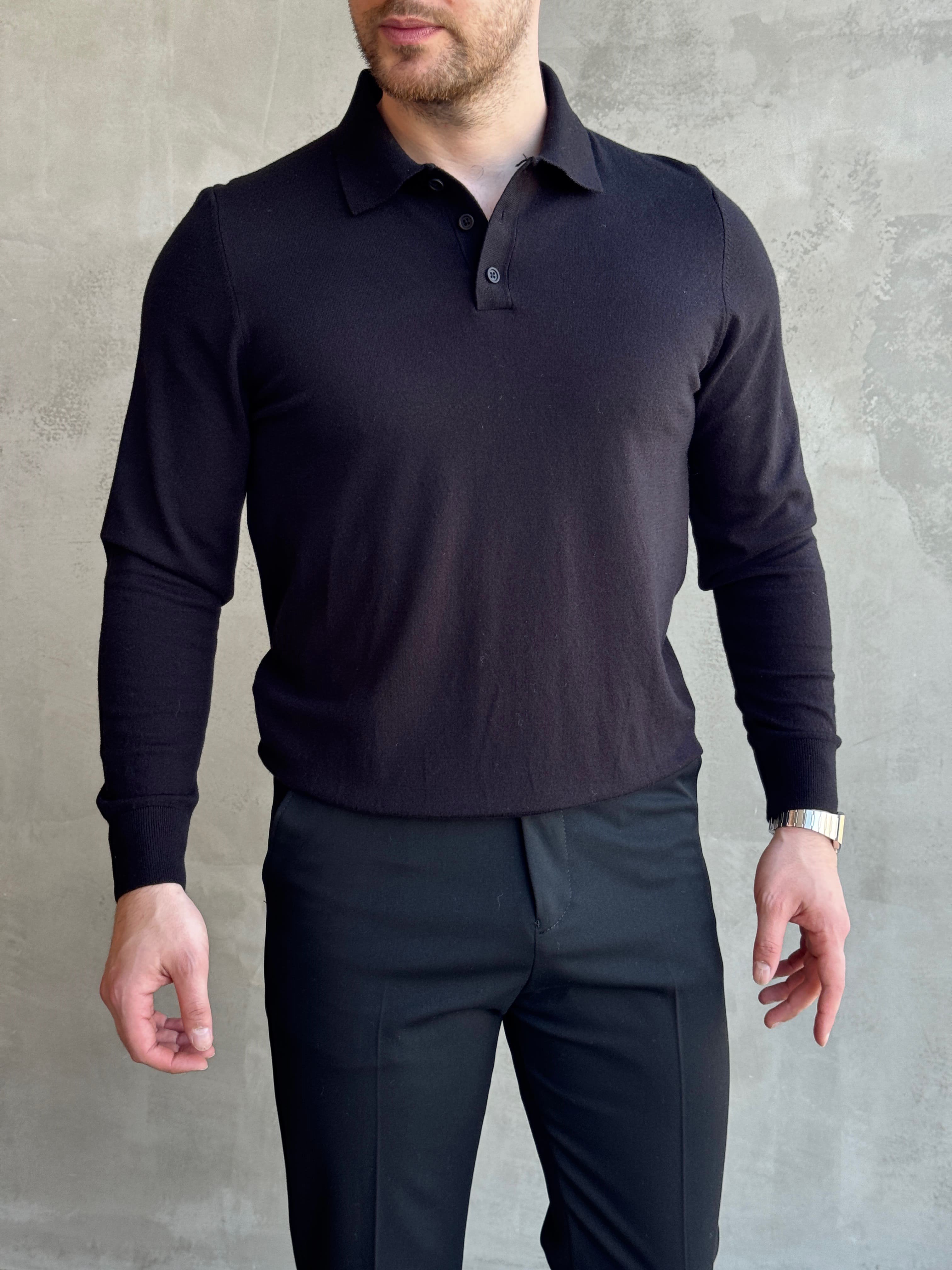 Erkek Elit Model Regular Kalıp Düğme Detaylı Polo Yaka İnce Triko Kazak-Siyah(E1873)