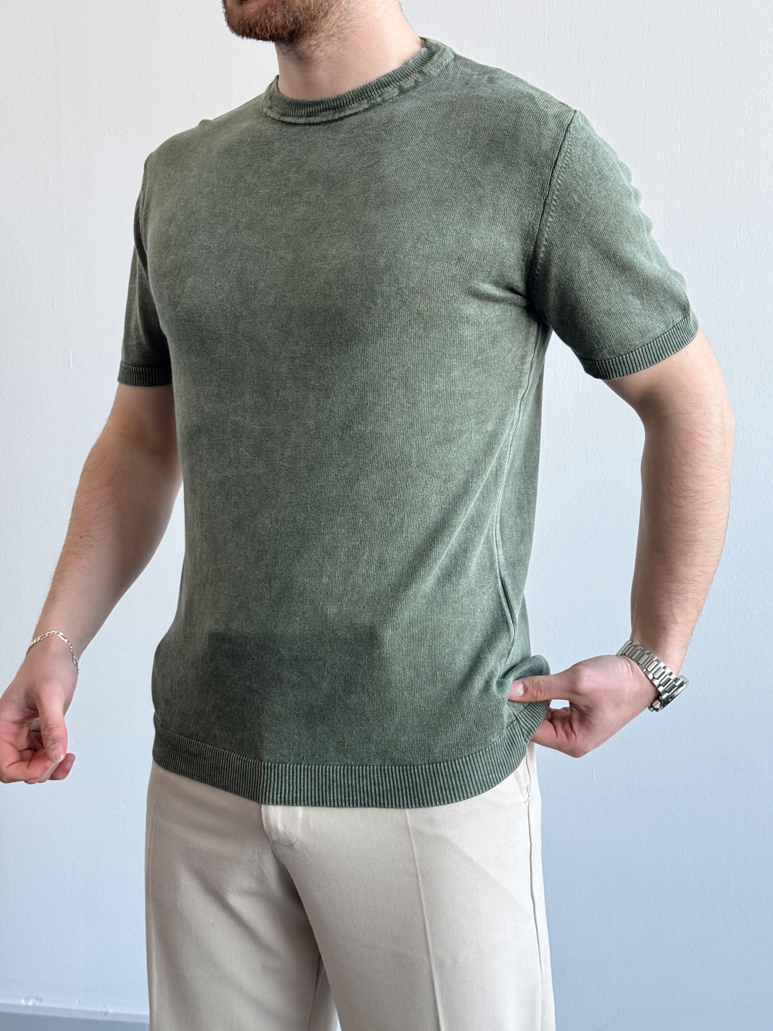 Erkek Elit Seçim Bisiklet Yaka Ribana Detay Triko T-Shirt-Yeşil(E1298)