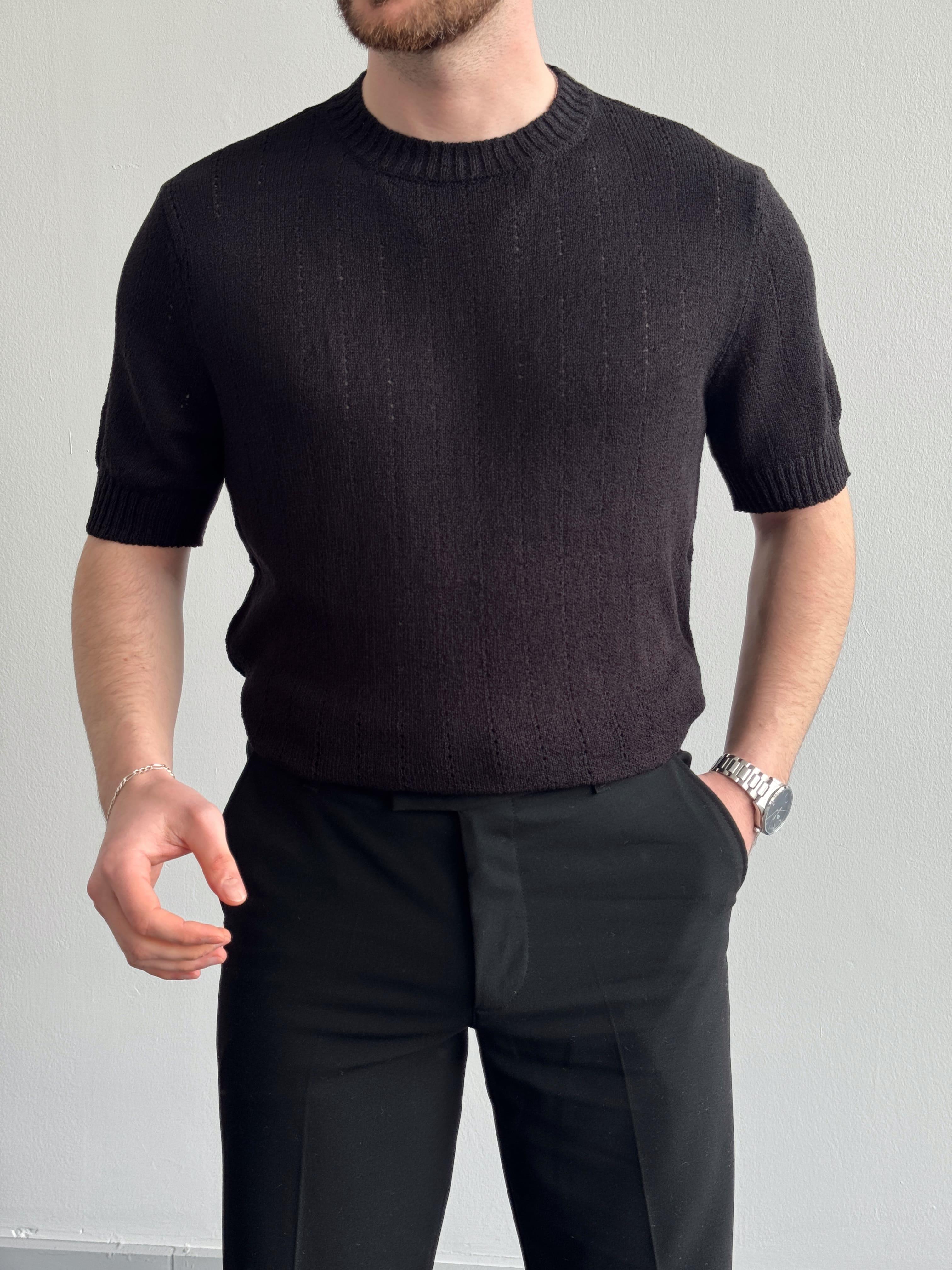 Erkek Elit Seçim Oversize Kalıp Bisiklet Yaka Desenli Triko T-Shirt-Siyah(E1336)Ketench