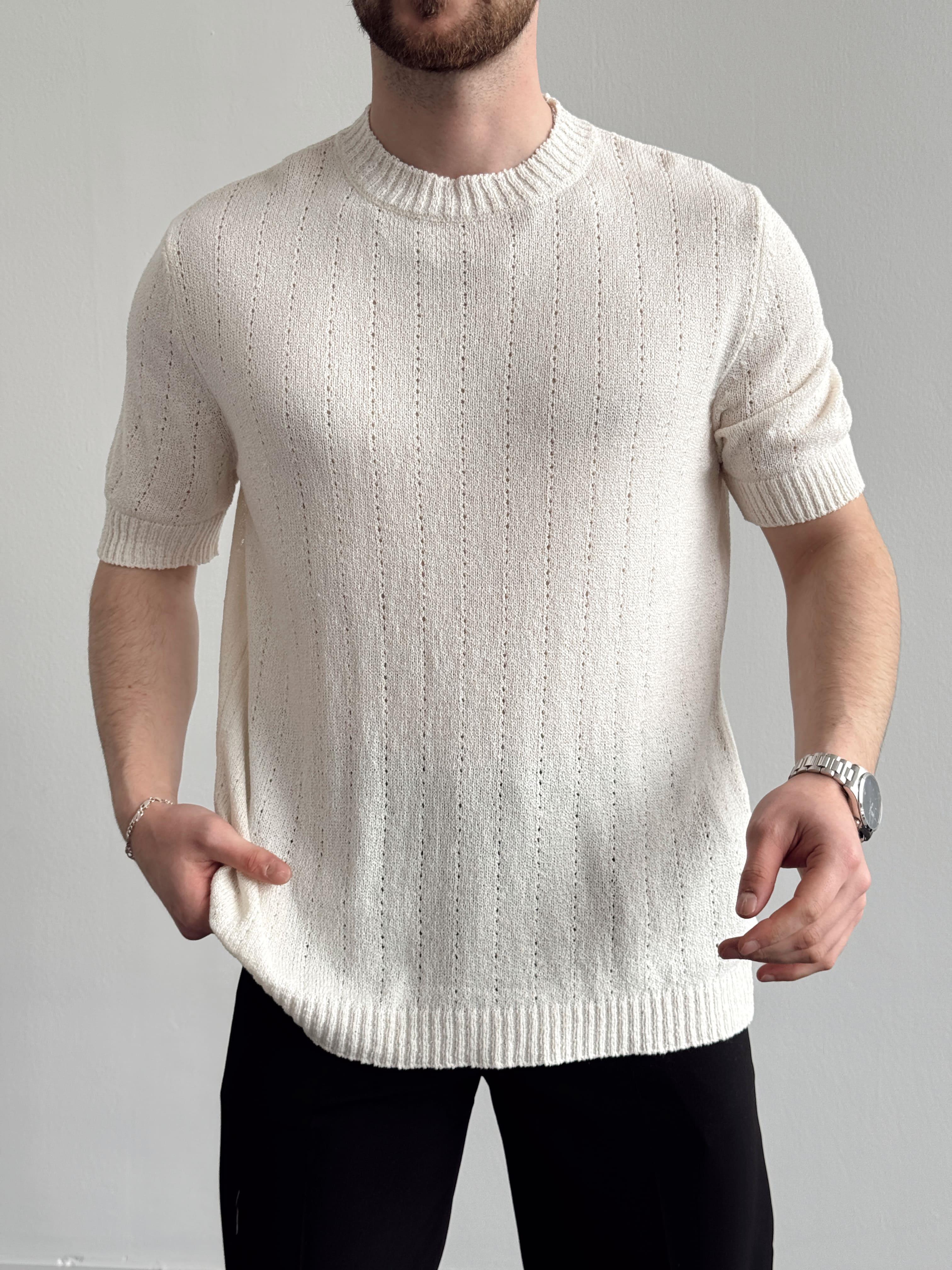 Erkek Elit Seçim Oversize Kalıp Bisiklet Yaka Desenli Triko T-Shirt-Bej(E1336)Ketench